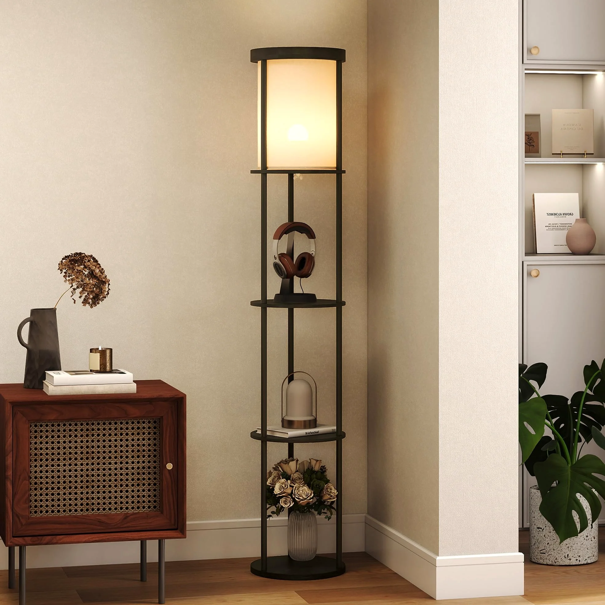 HOMCOM Lampada da Terra LED con Ripiani Rotondi, Piantana Moderna Nero | Paralume in Tessuto, Interruttore a Pedale e Telecomando, per Soggiorno e Camera da Letto
