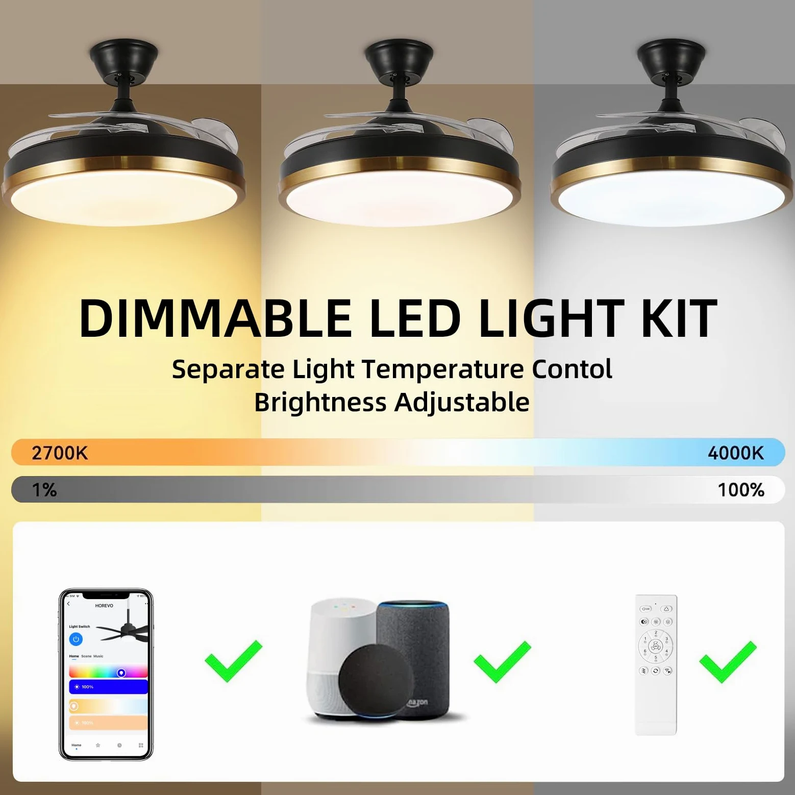 Ventilatore a soffitto retrattile intelligente luci e altoparlante Bluetooth, ventilatore illuminato da 24W con controllo tramite app Alexa e Google - Nero e oro