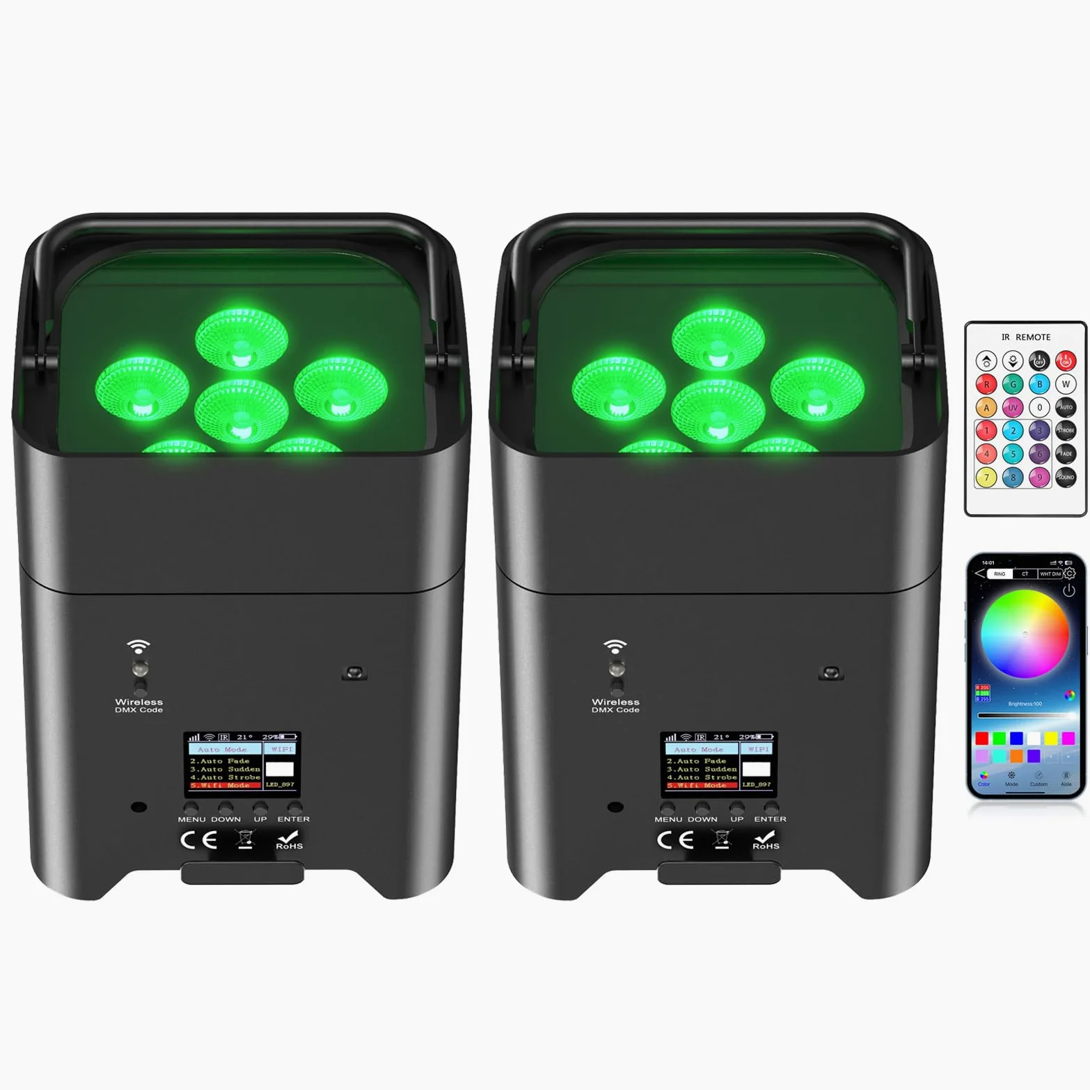 2 pezzi 108W RGBWA + UV LED proiettore batteria illuminazione palcoscenica con telecomando/APP, DMX-6/10CH luce discoteca per festa DJ Halloween Natale