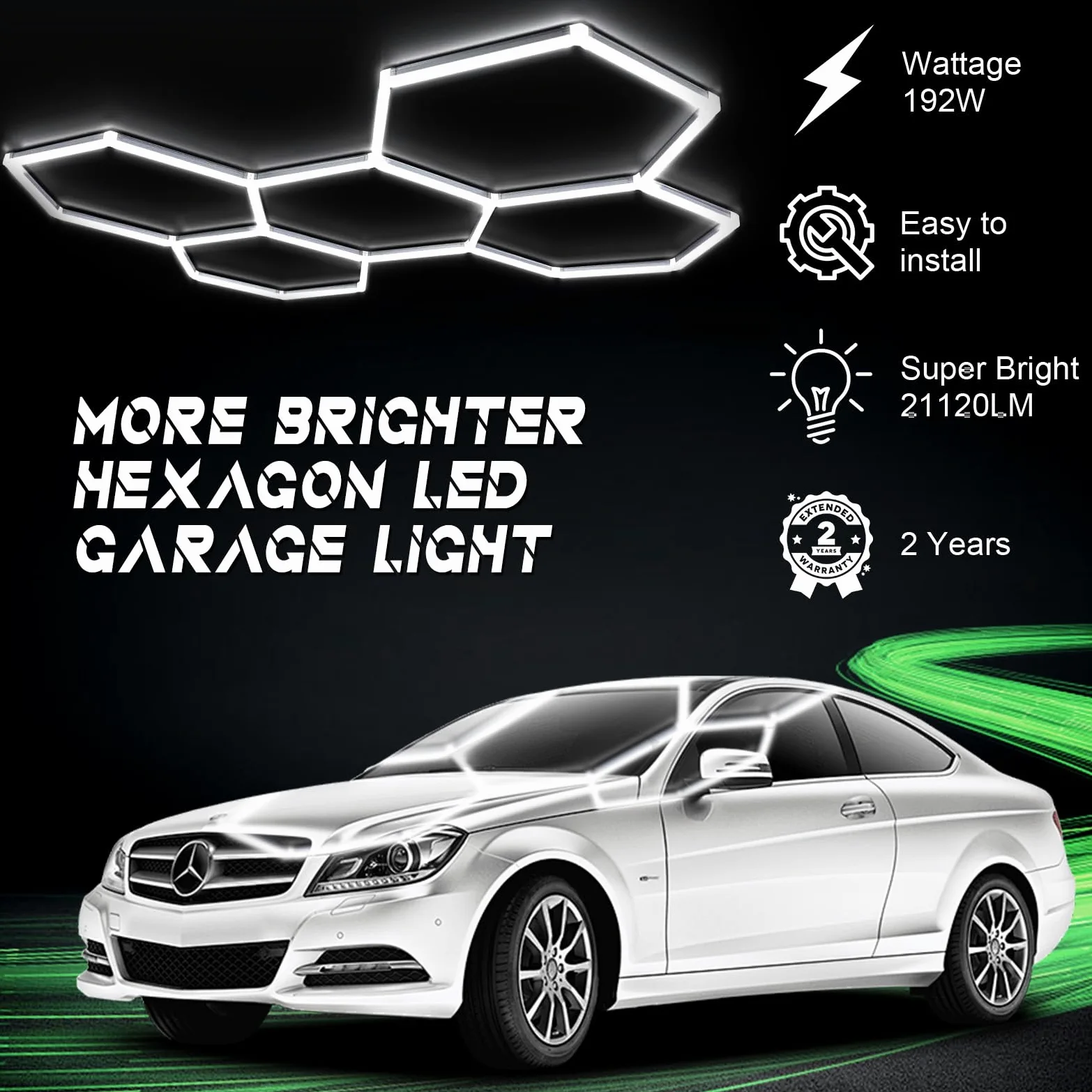 Plafoniera LED esagonale per garage-24pcs luci tubolari, super luminosa 192W 6500K, luci da soffitto LED collegabili per dettagli auto, magazzino, seminterrato, cura dell'auto, lavanderia (5-Hex)