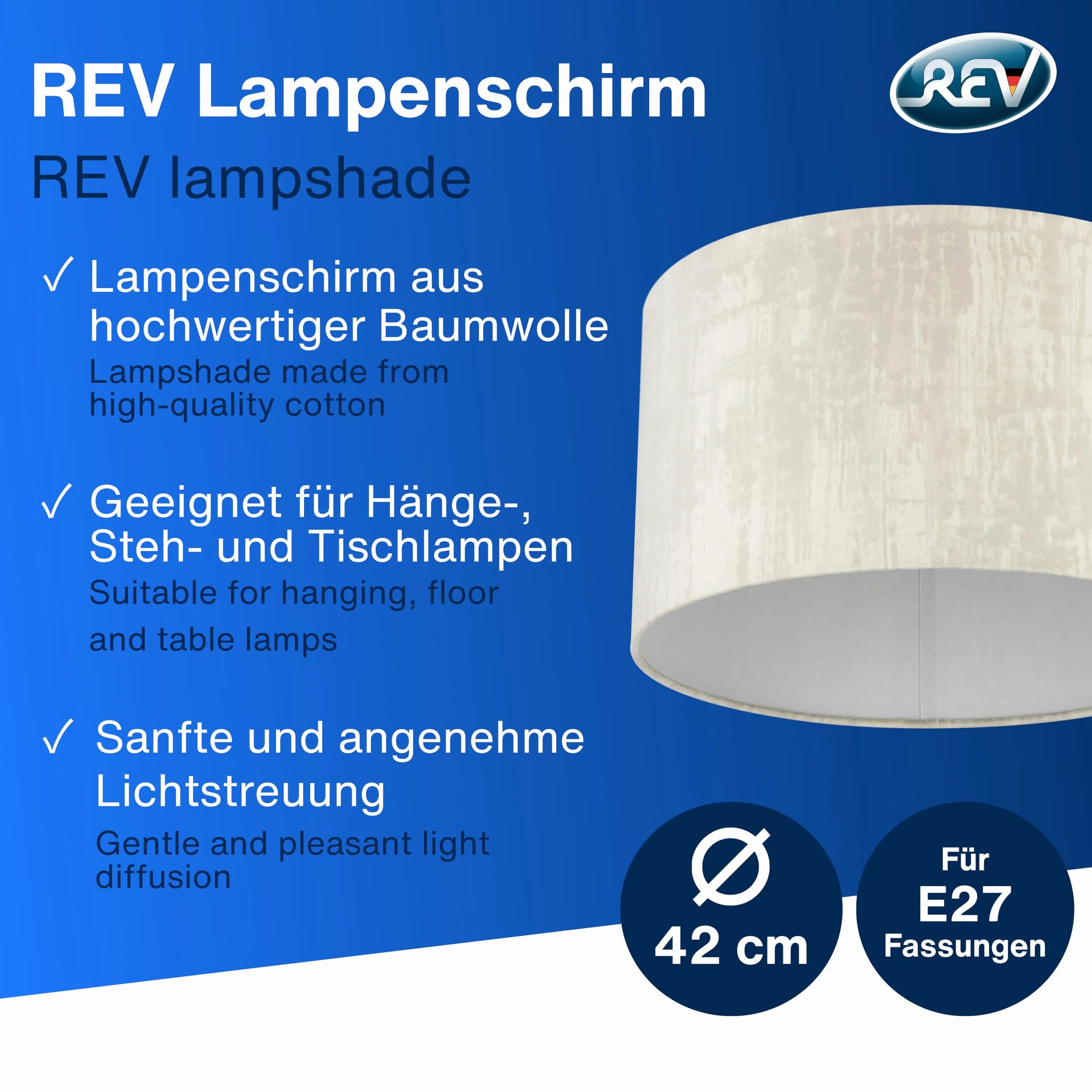 REV Paralume rotondo in stile vintage in cotone di alta qualità, diametro 42 cm, paralume di ricambio per lampada a sospensione e lampada da terra, attacco E27, bianco artico