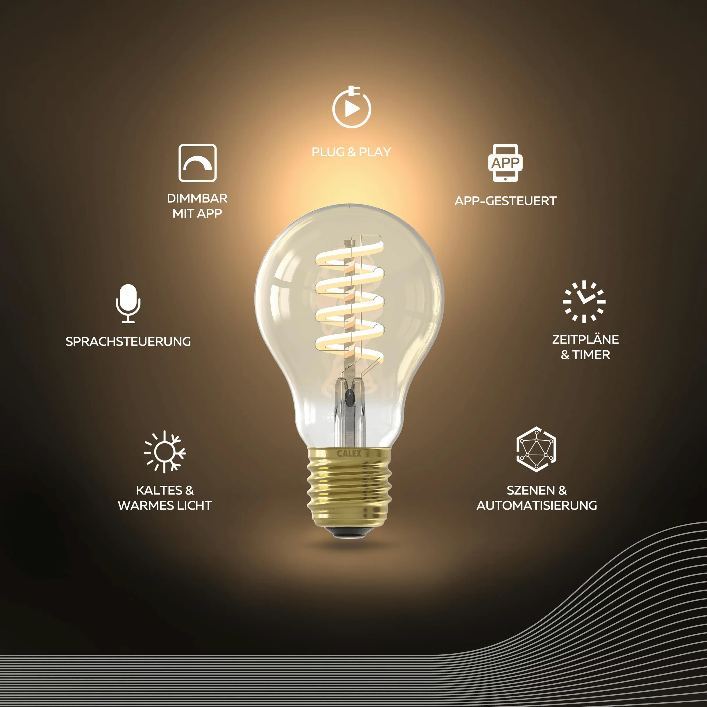 CALEX Lampadina LED Smart, E27, A60, Filamento Oro, luce calda, Dimmerabile, controllo app Wi-Fi & vocale, Confezione da 3
