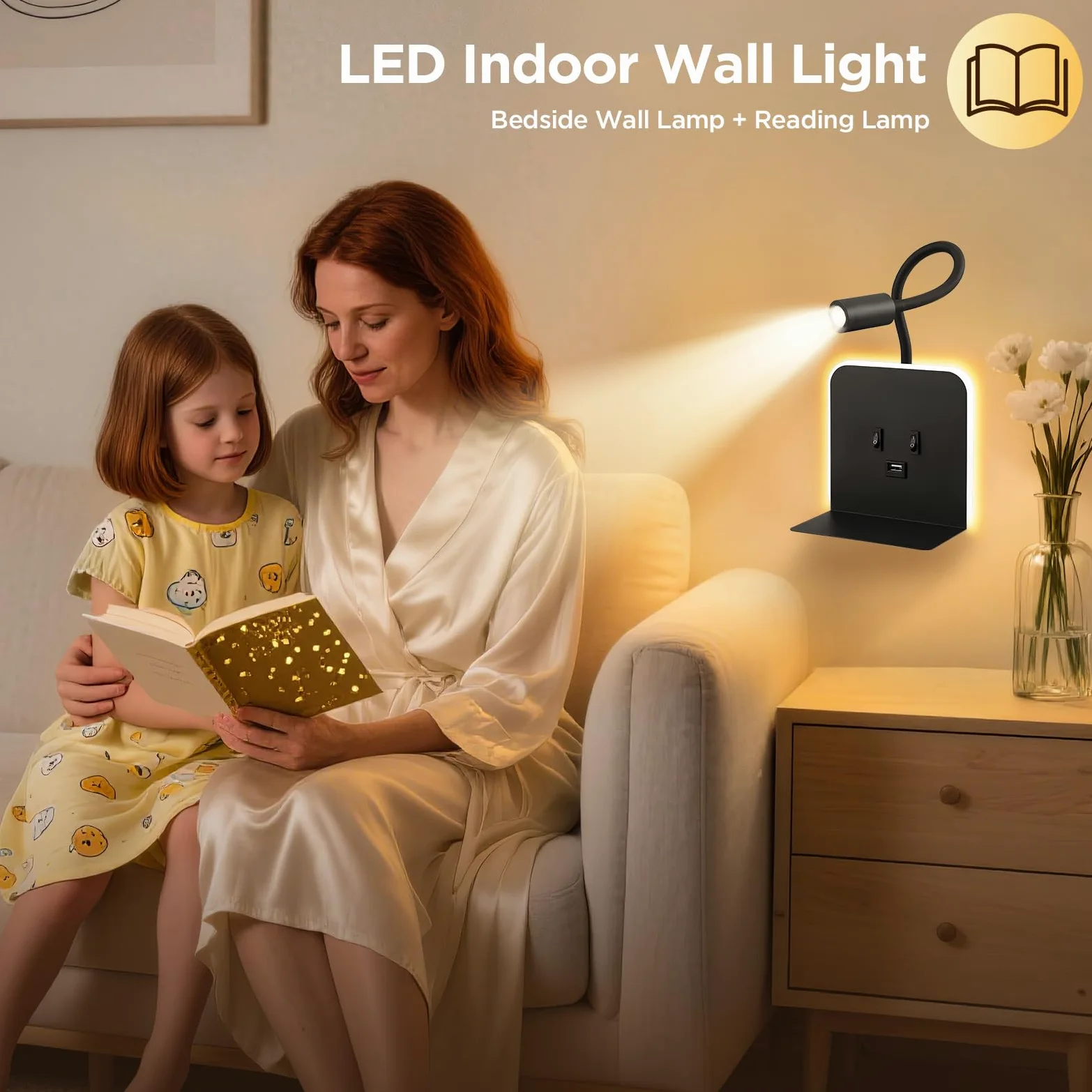 Lampada da Lettura LED 3W + 9W 3000K, Lampada da Parete con Porte USB e Vassoio per Telefono Faretto, faretto da Lettura a Muro Luce Ambientale Regolabile e Flessibile per Camera(Schwarz, 2 Stück)
