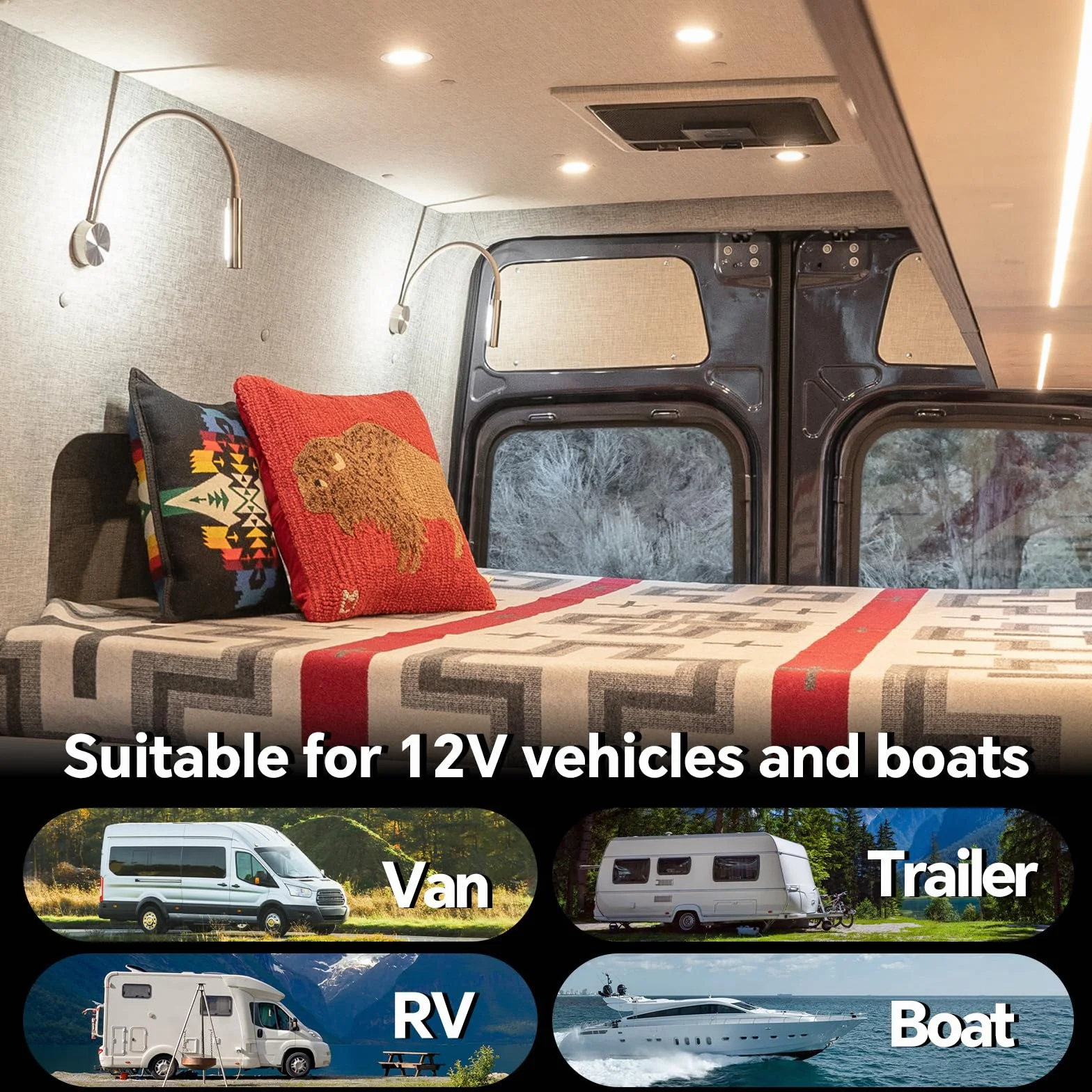 acegoo Lampada da Lettura 12V Camper con Caricatore USB&Luce notturna rossa LED Dimmerabile 4000K DC12-24V, Flessibile e Collo D'Oca per Caravan Furgone Barca Camion Illuminazione Interna