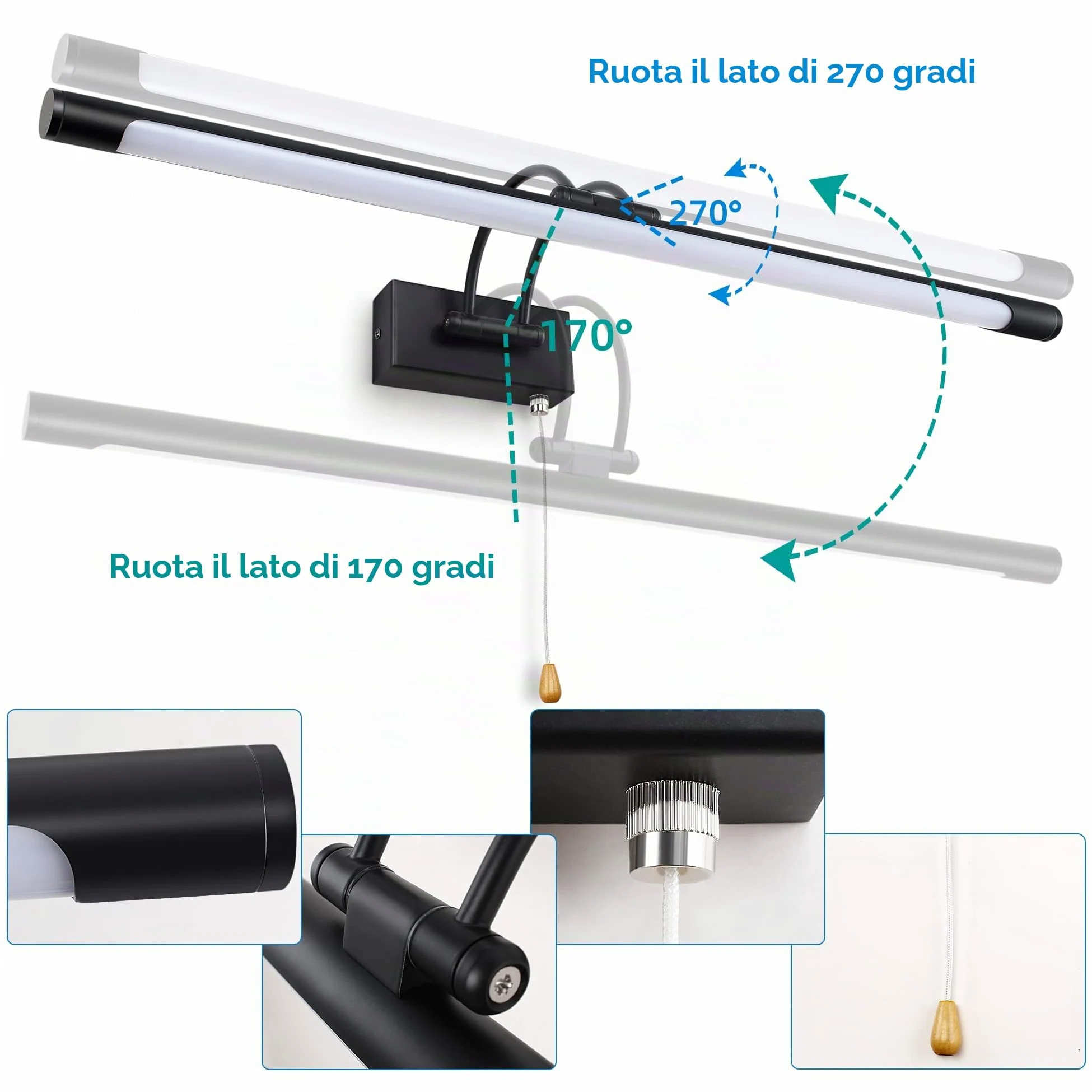 MantoLite LED Lampade da Parete per Quadri,12W 3000K Illuminazione per Interni con testa Girevole e Interruttore, Specchio da Bagno Illuminazioni per Pareti Lampade Lettura Applique (Nero,60CM)