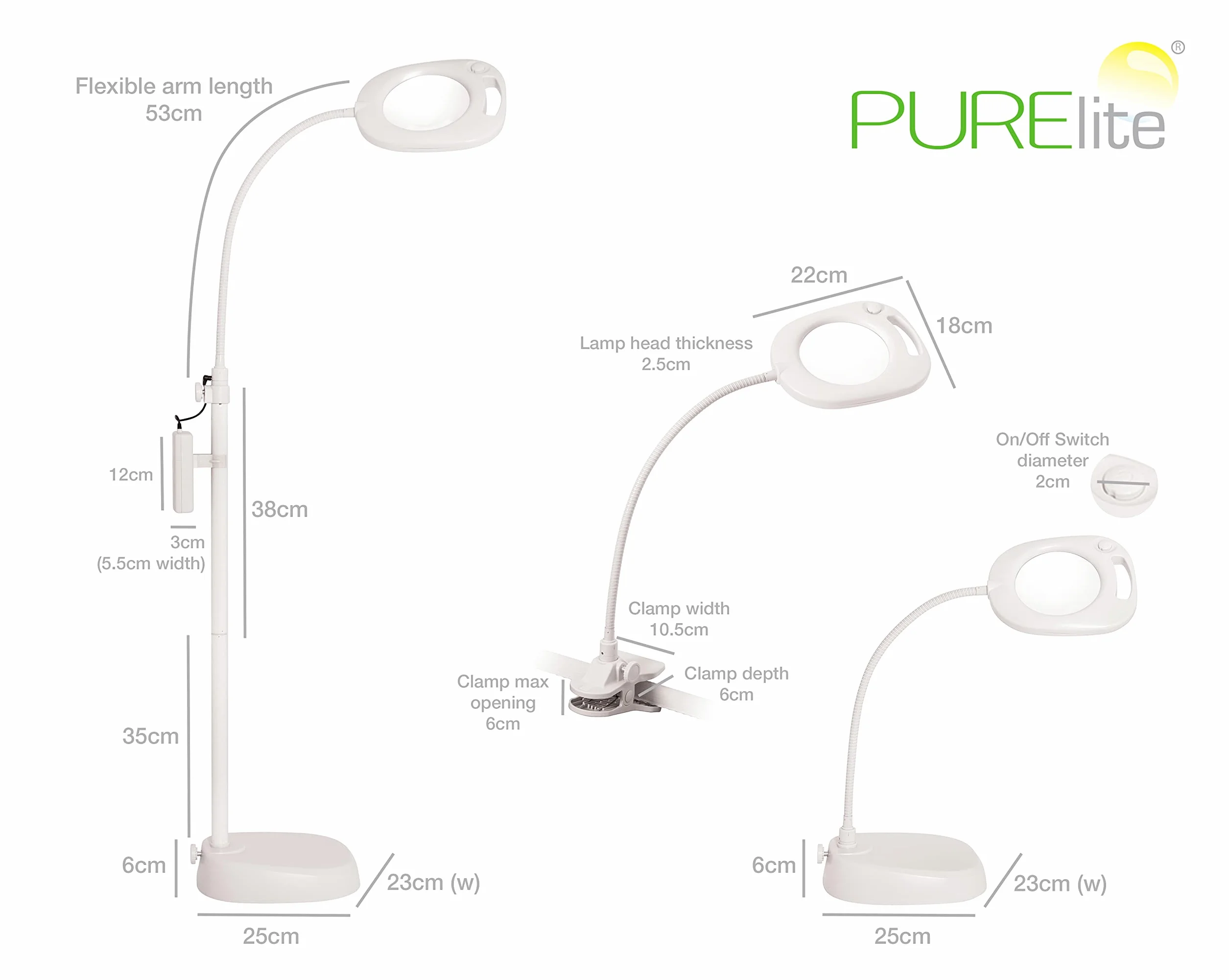 PURElite LED Lampada da Terra con ingrandimento, Lampada da Tavolo Regolabile, Alimentazione a Rete o a Batteria, Bianco