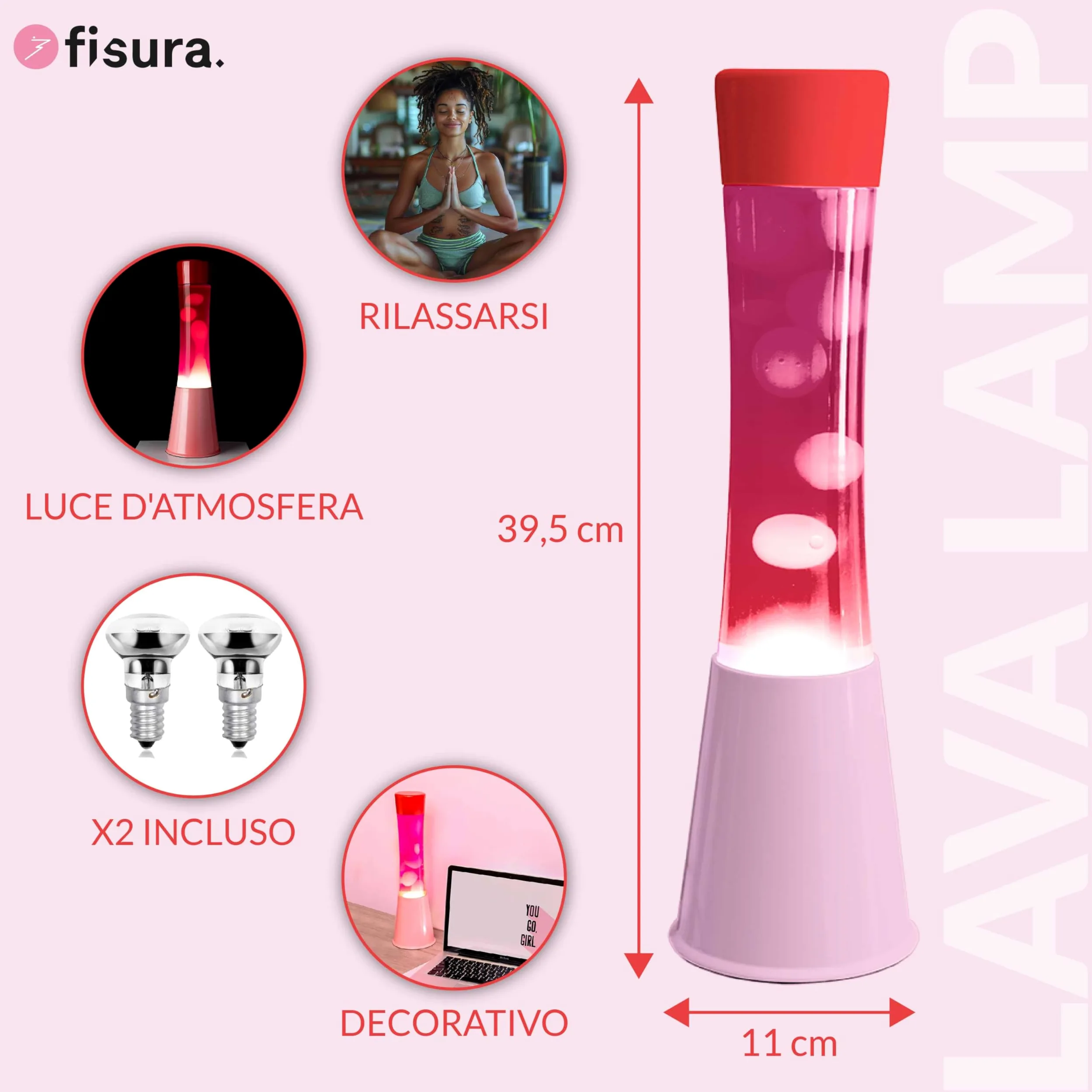 Fisura – Lampada decorativa retrò con base rosa, liquido colorato e cera trasparente. Effetto rilassante. Inclusa lampadina di ricambio. 11 x 11 x 39,5 cm.