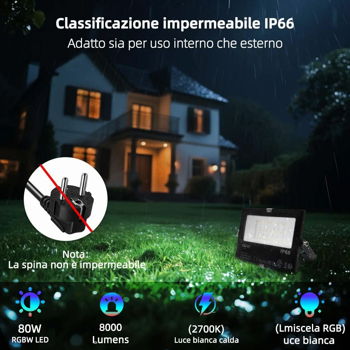 iLC LED Faretto Esterno 80W, equivalente a 800W, Cambio Colore Rgbw, 16 Milioni Colori, Raggruppamento, Timer 8000 lumen, Bianca Calda 2700K, Impermeabile Ip66 (2 pacchi)