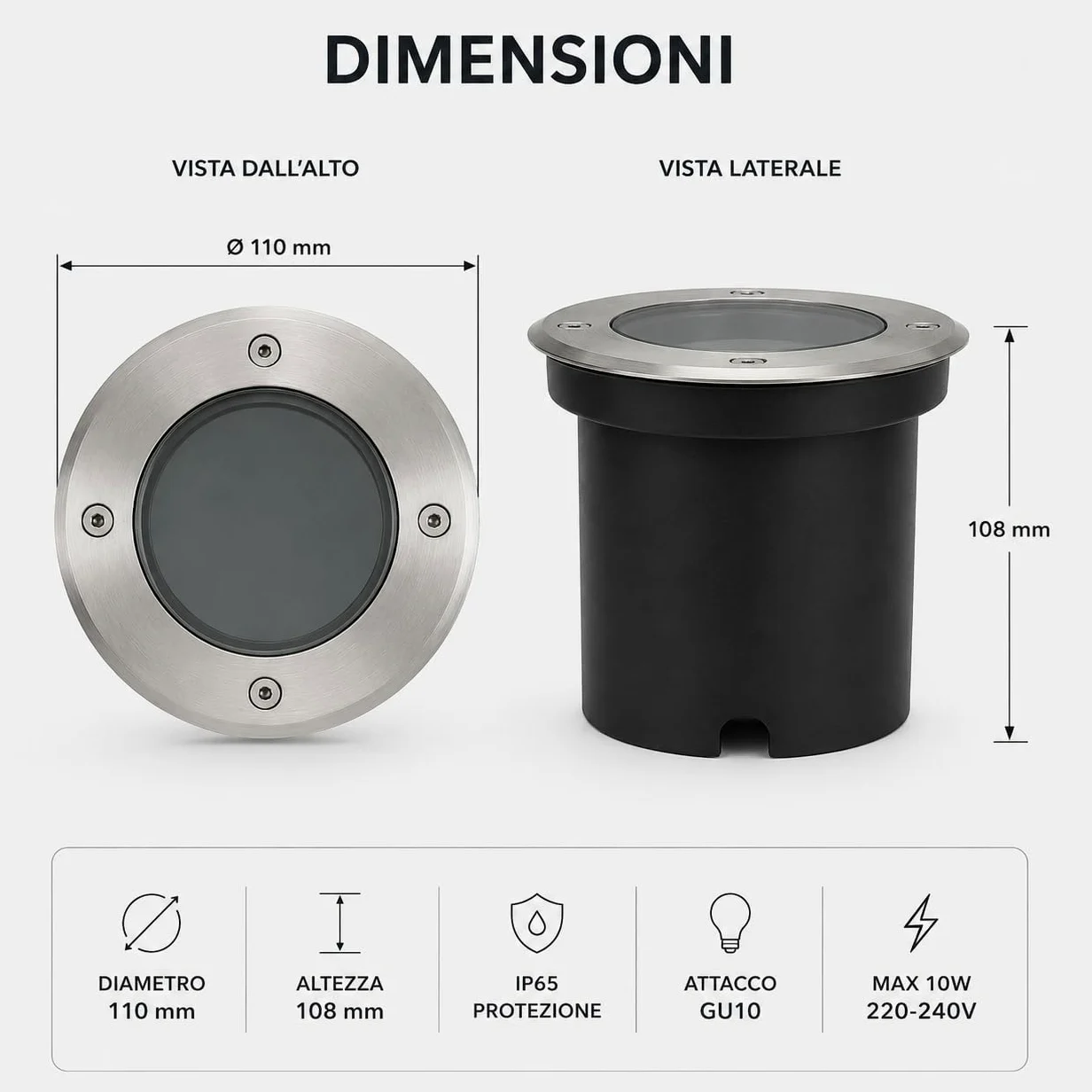 Faretto Calpestabile tondo GU10 da Incasso per Esterno IP65 Acciaio Inox 220V per Vialetti Giardini (4 pezzi)