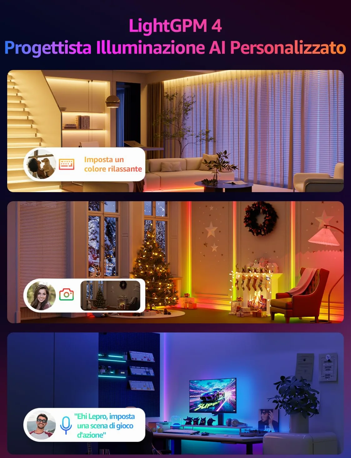 Lepro S1 AI Smart Striscia LED 20M,Strisce LED Camera da Letto,Funziona con Alexa/Google Assistant,Controllo Vocale,Sync Musicale per Festa in Soggiorno,Progettista Illuminazione AI Personalizzato