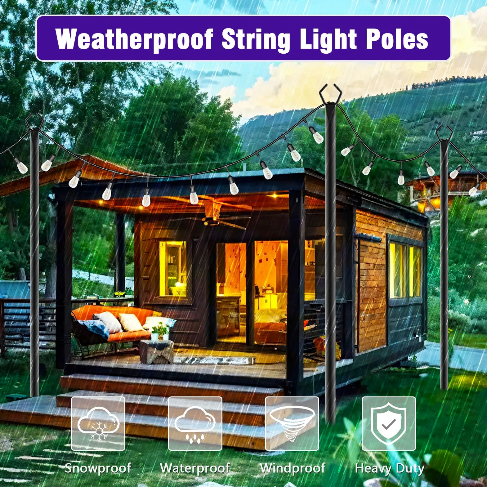 zoegi Confezione da 2 pali luminosi da 3 m, per luci esterne con forcella, staffe per esterni, supporto in metallo per patio, cortile, matrimoni, terrazza, feste