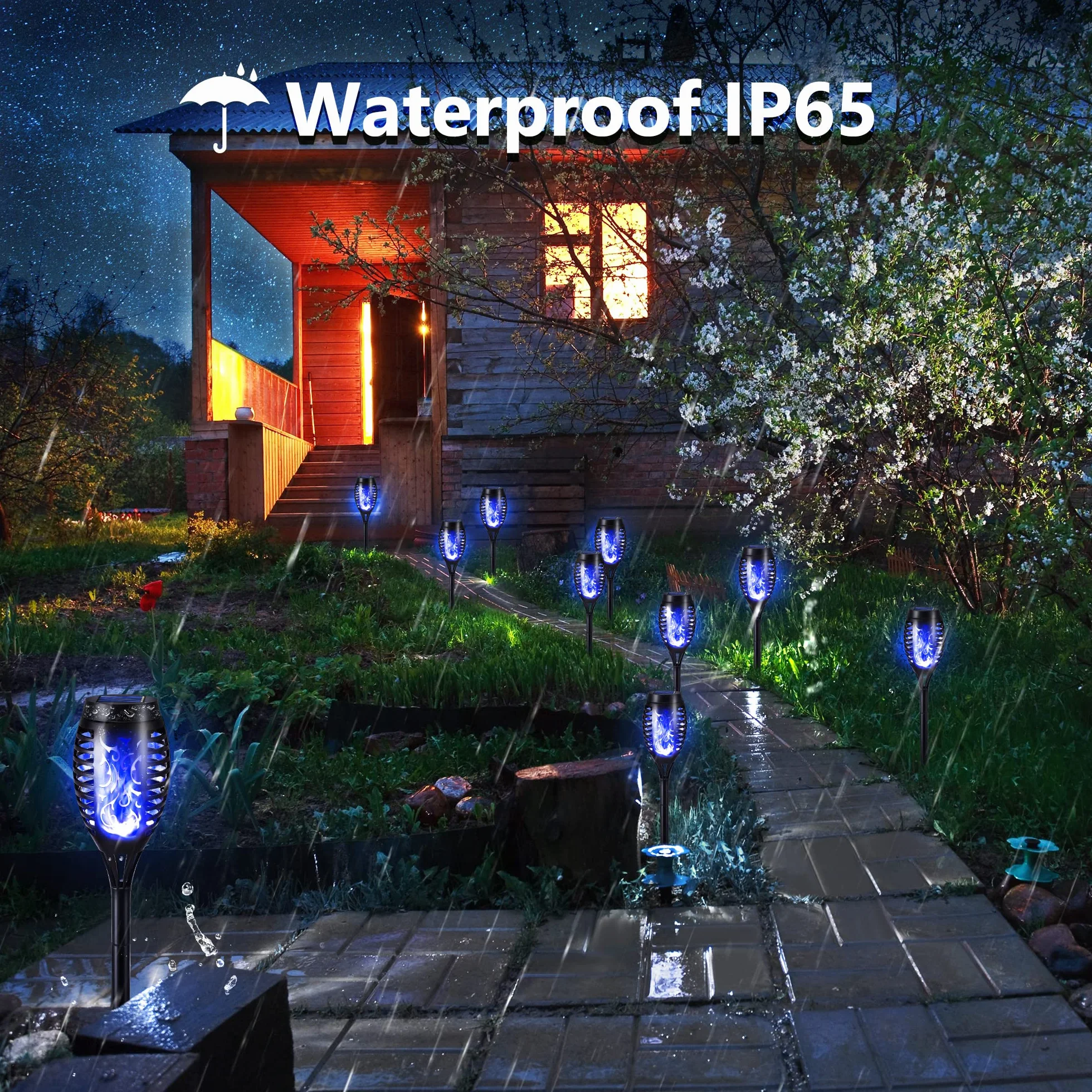 Geemoo Solari Esterno 6 Pezzi Lampade Solari da Giardino Torcia Luce con Blu Fiamma Tremolante Realistico, Luci Decorative per Halloween Esterno, Giardino, Patio, Prato
