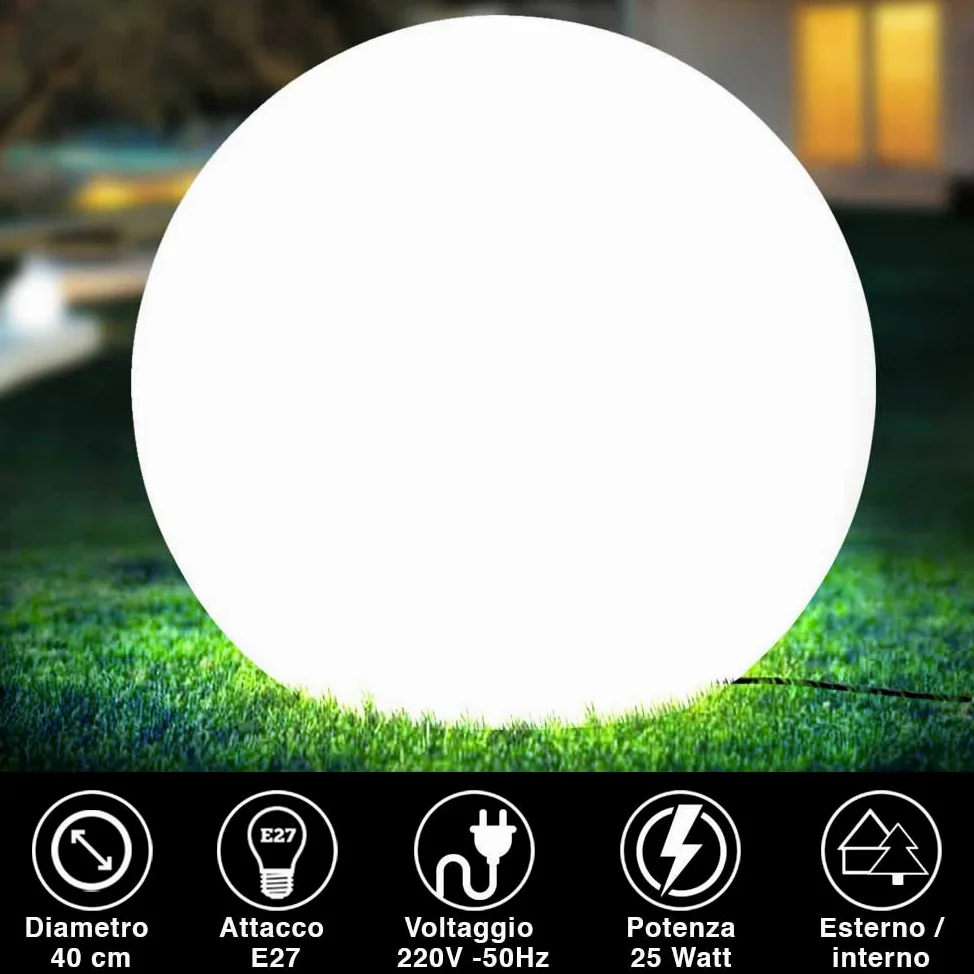 BAKAJI Lampada Design Sfera da Giardino Diametro 40 cm Luce Illuminazione Esterno da Terra o Tavolo Attacco E27 Lampadina Max 25W Colore Bianco con Picchetti di Fissaggio al Terreno (40 cm)