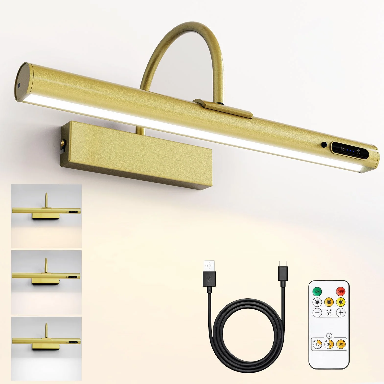 HARPER LIVING Lampada da parete ricaricabile senza fili per quadri, lampada da parete a batteria con telecomando, regolabile a 180° applique a LED per quadri, freccette, gallerie d'arte - Oro