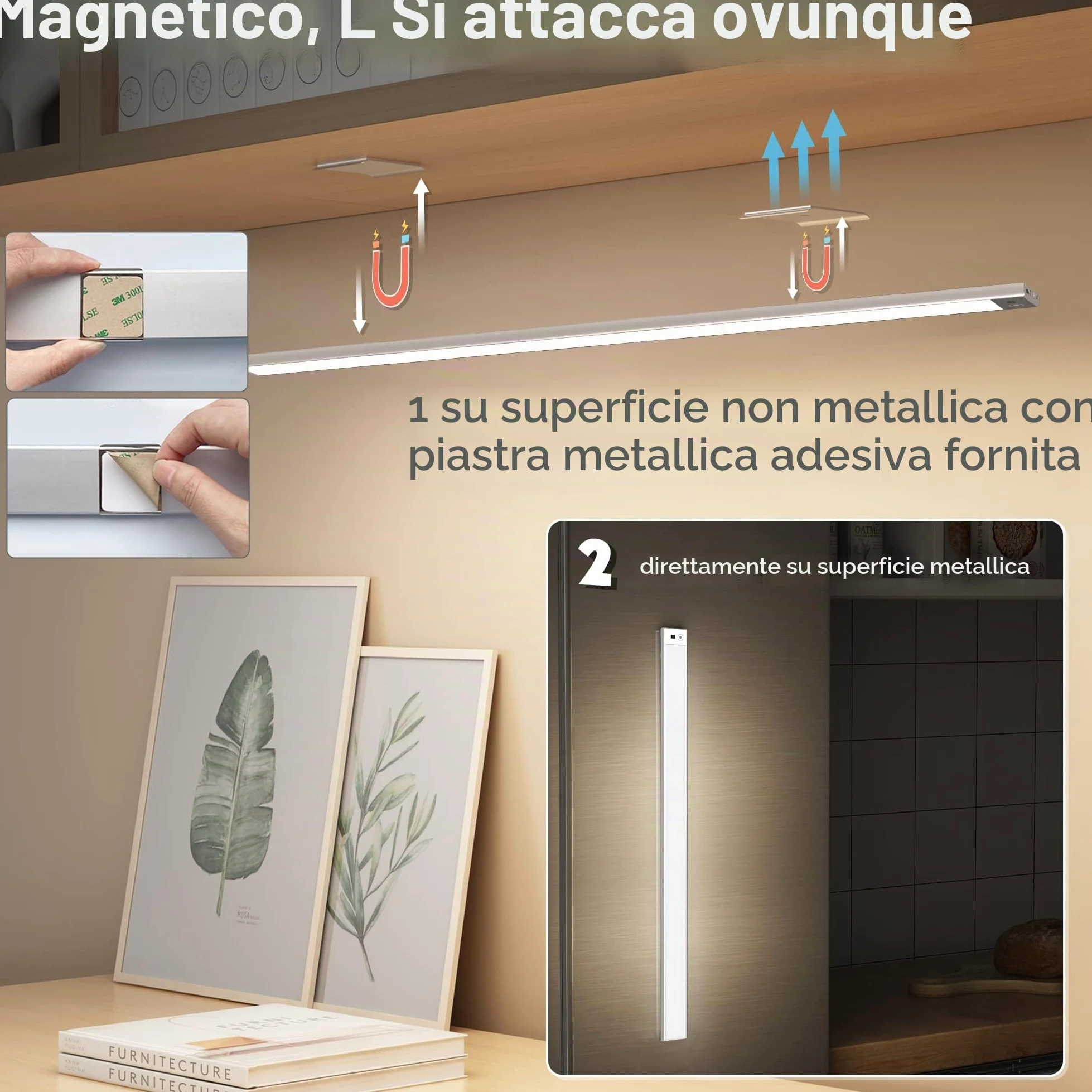 60cm Luce LED Sottopensile con Sensore Movimento a Mano,Barra Luminosa Ricaricabile USB 4500mAh 3Colori Dimmerabile,LED Magnetica Funzione Memoria Senza Fili per Cucina,Armadio,Bagno