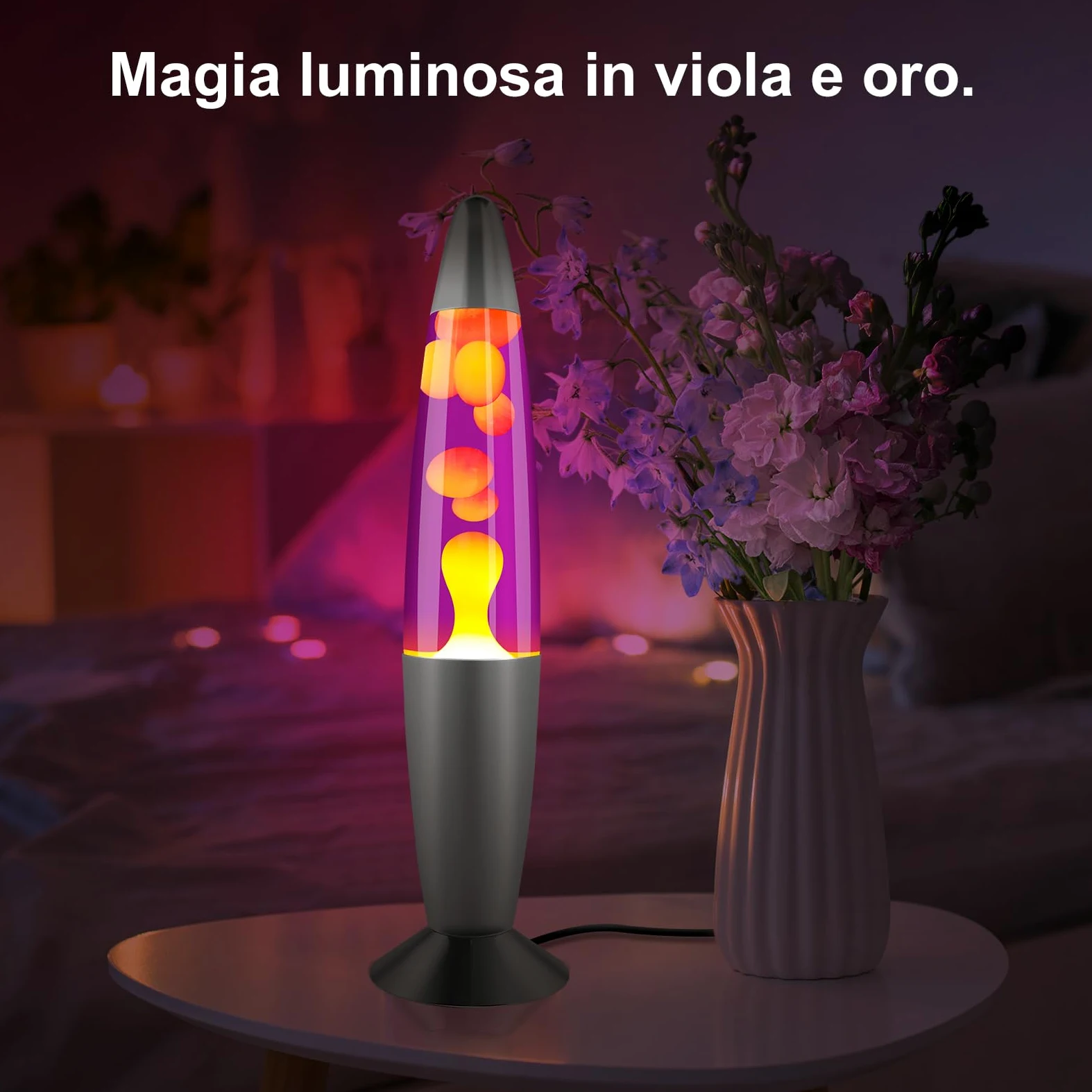 Lampada Lava 34 cm Viola e Gialla – Lampada a Lava Retrò Decorativa – 2 Lampadine R39 25W E14 – Luce d’Atmosfera Rilassante per Camera e Soggiorno, Idee Regalo