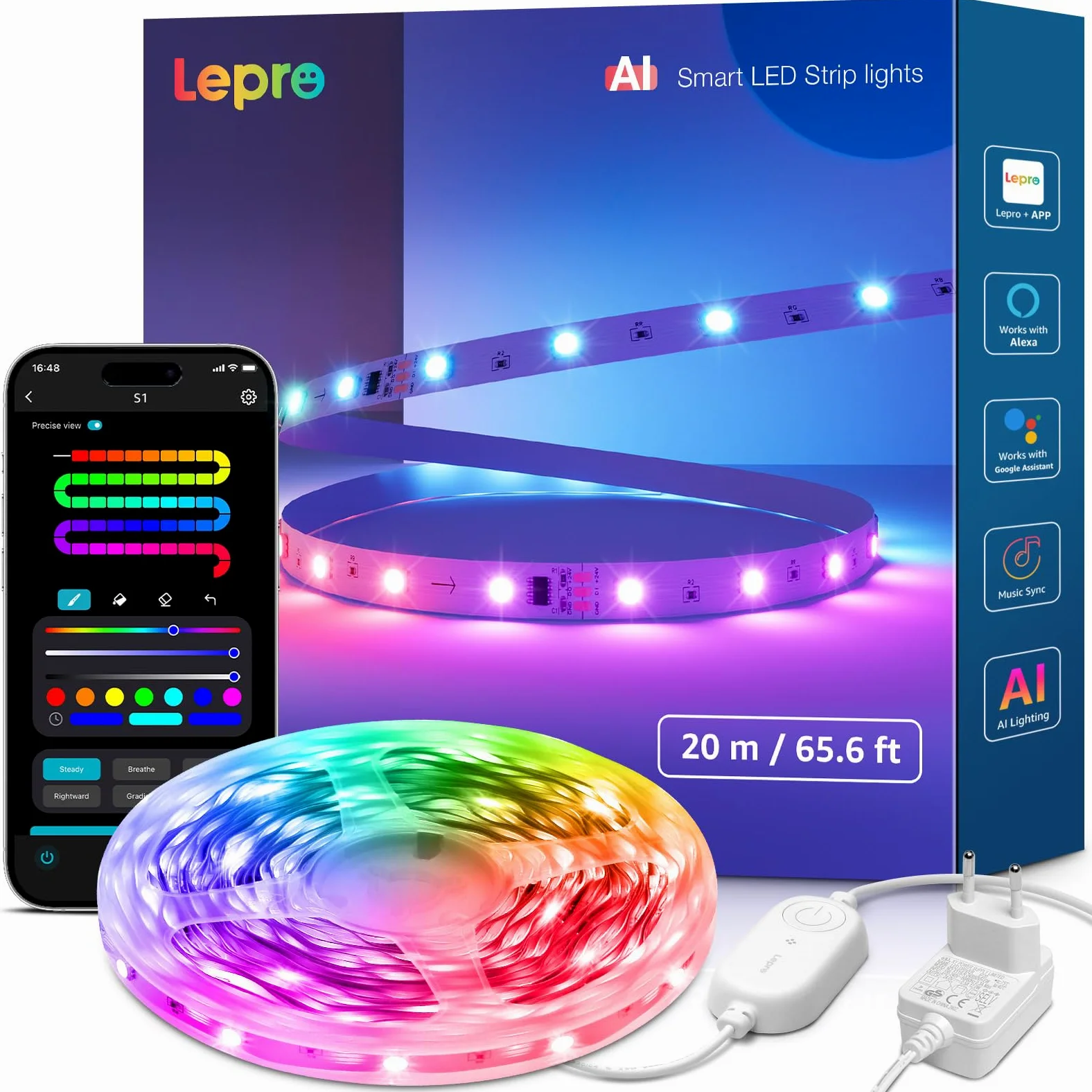 Lepro S1 AI Smart Striscia LED 20M,Strisce LED Camera da Letto,Funziona con Alexa/Google Assistant,Controllo Vocale,Sync Musicale per Festa in Soggiorno,Progettista Illuminazione AI Personalizzato