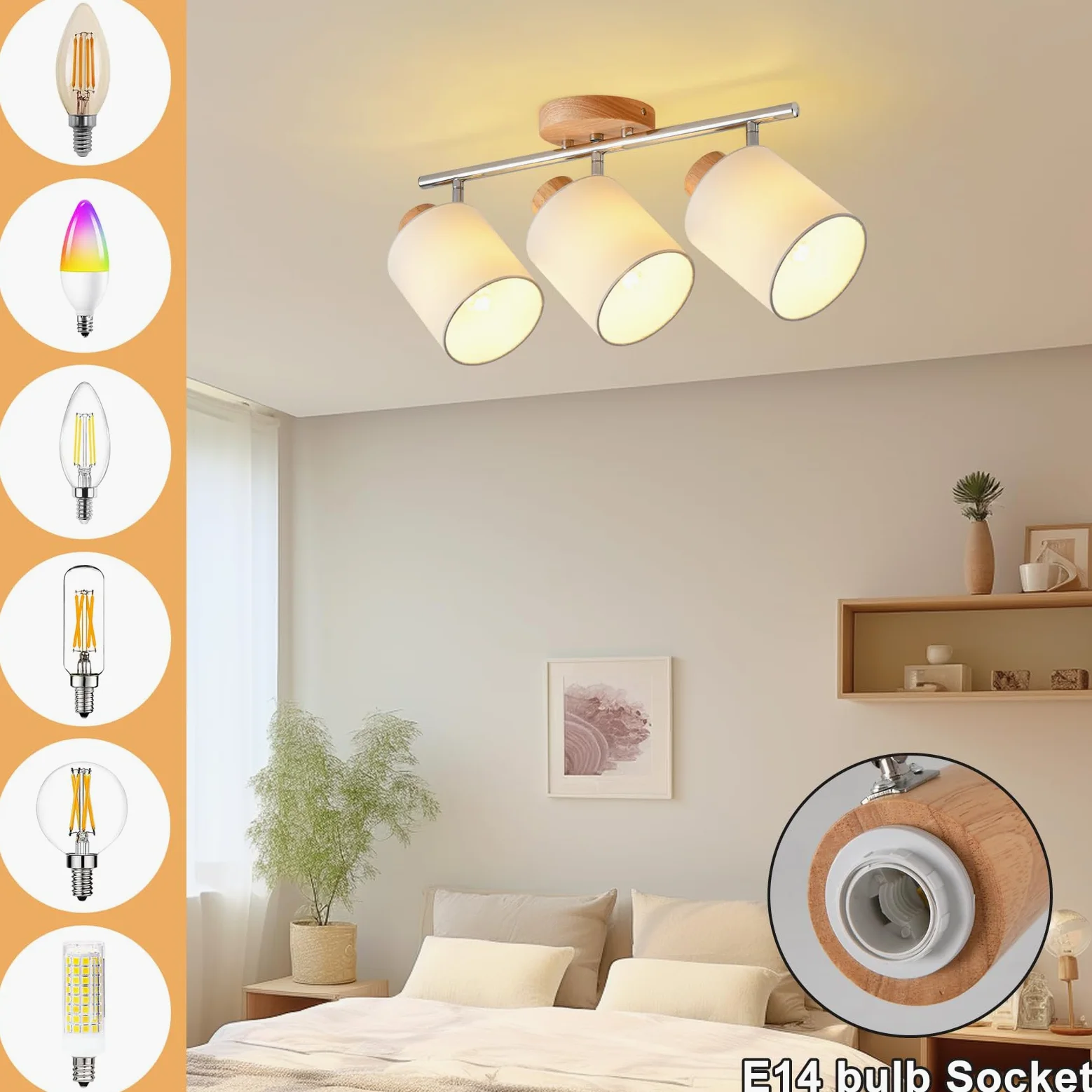 SANSHI faretti led soffitto in 3 punt，lampadario legno regolabile, Base E14 230V moderna Luce a parete,faretti soffitto per interni soggiorno, camera da letto, sala da pranzo (senza lampadine)