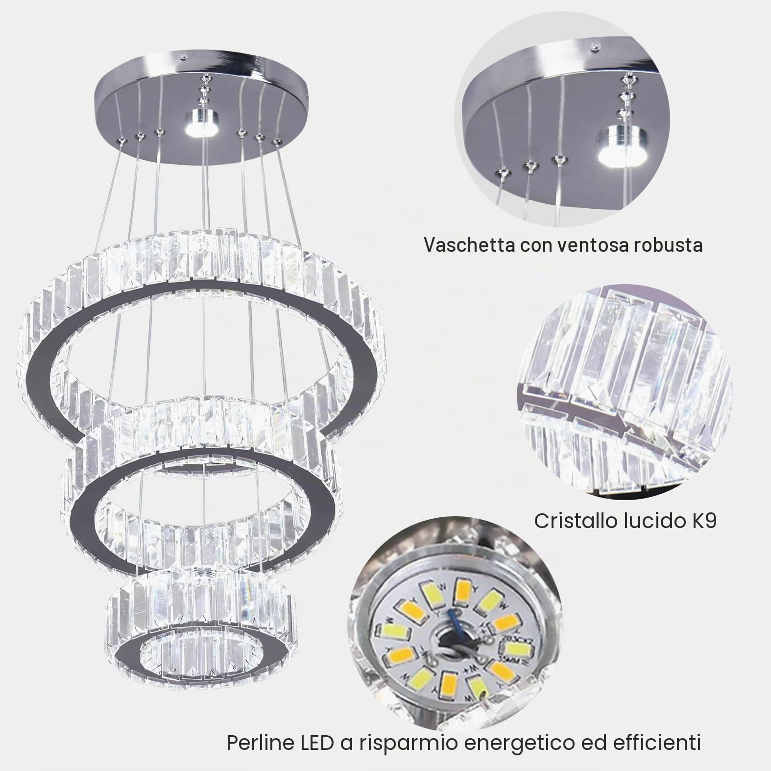 FRIXCHUR Lampadario in cristallo a 3 anelli da soffitto a LED per soffitto alto, lampadario da appendere per camera da letto, sala da pranzo, soggiorno (6500 K) bianco freddo