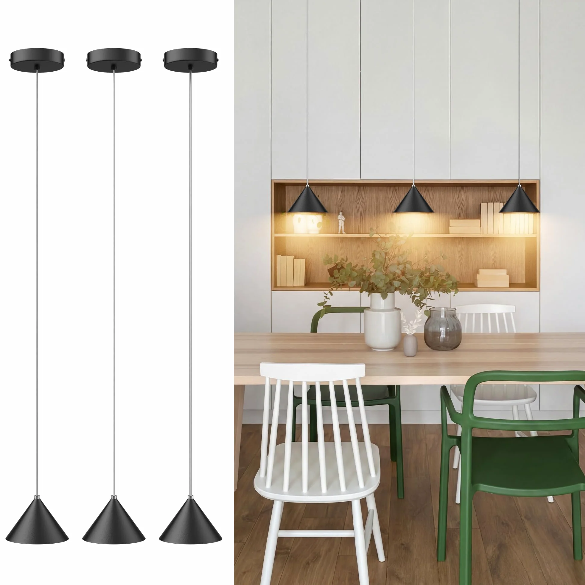 3 Pezzi Lampada a sospensione LED Moderne 12W 800LM, Regolabile In Altezza lampada a sospensione moderna Nero, Alluminio Per Soggiorno Sala Da Pranzo Kitchen Comodino Camera da Letto(3000K)