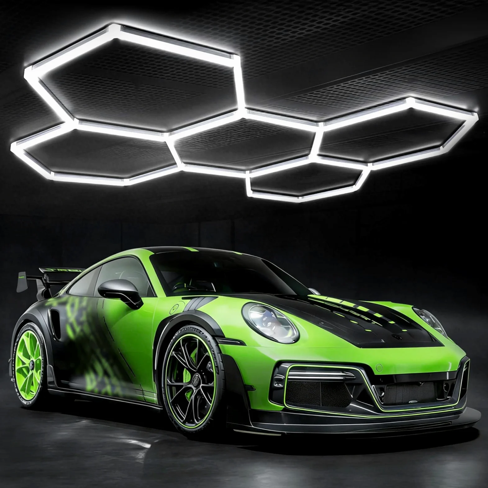 Plafoniera LED esagonale per garage-24pcs luci tubolari, super luminosa 192W 6500K, luci da soffitto LED collegabili per dettagli auto, magazzino, seminterrato, cura dell'auto, lavanderia (5-Hex)