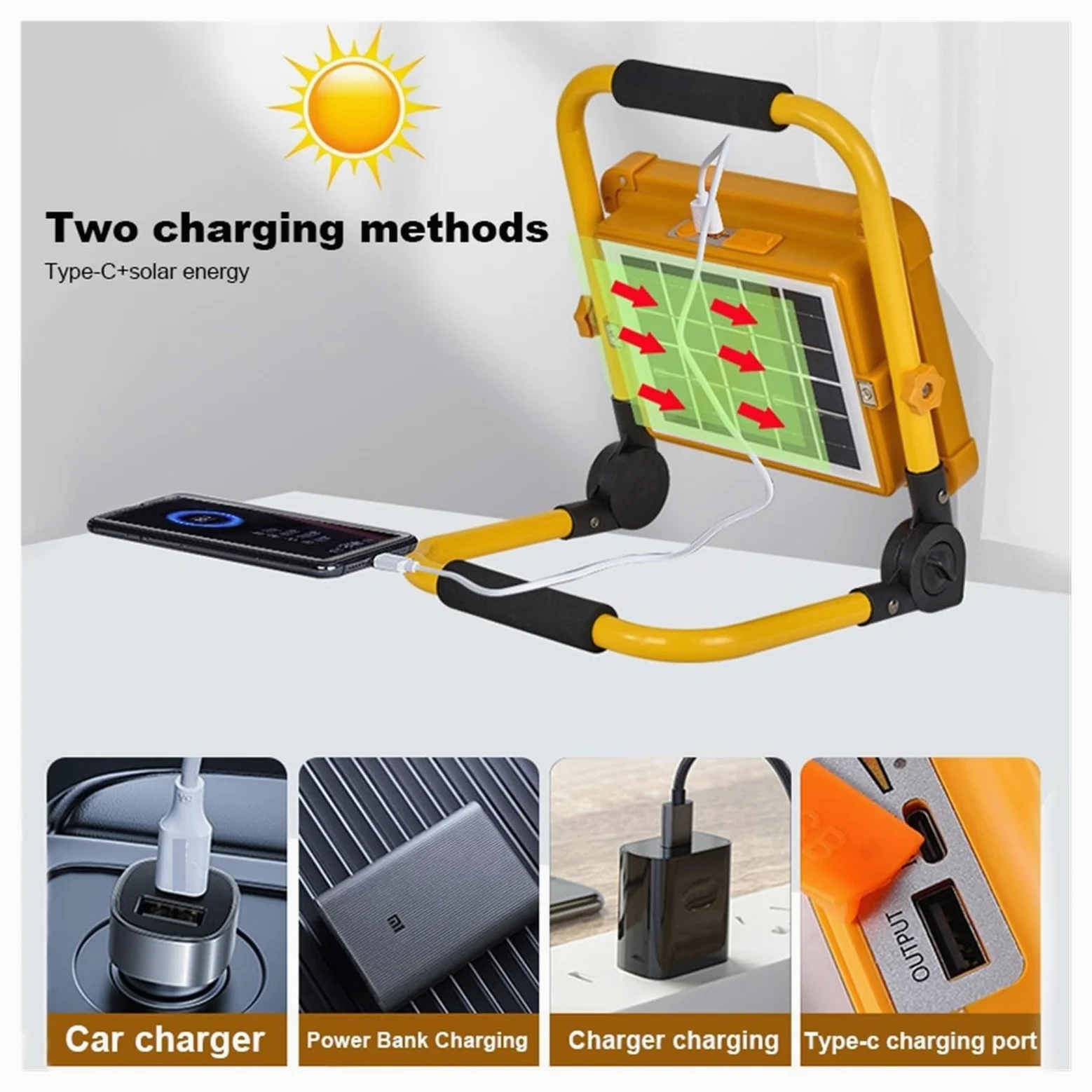 Faretti da esterno Lampada solare portatile da 1000 W Riflettore LED portatile Proiettore ricaricabile Proiettore Lampada portatile solare emergente per garage e stadio