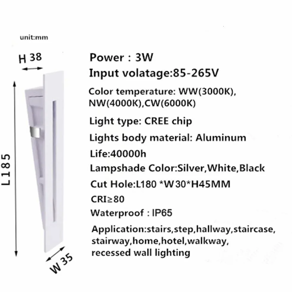 2pz Faretto LED da Incasso per Scale 3W, IP65 Impermeabile Faro per Esterno Gradini, Alluminio Pressofuso Lampada Angolo Parete, Illuminazione Decorativa Interna Corridoi Scale