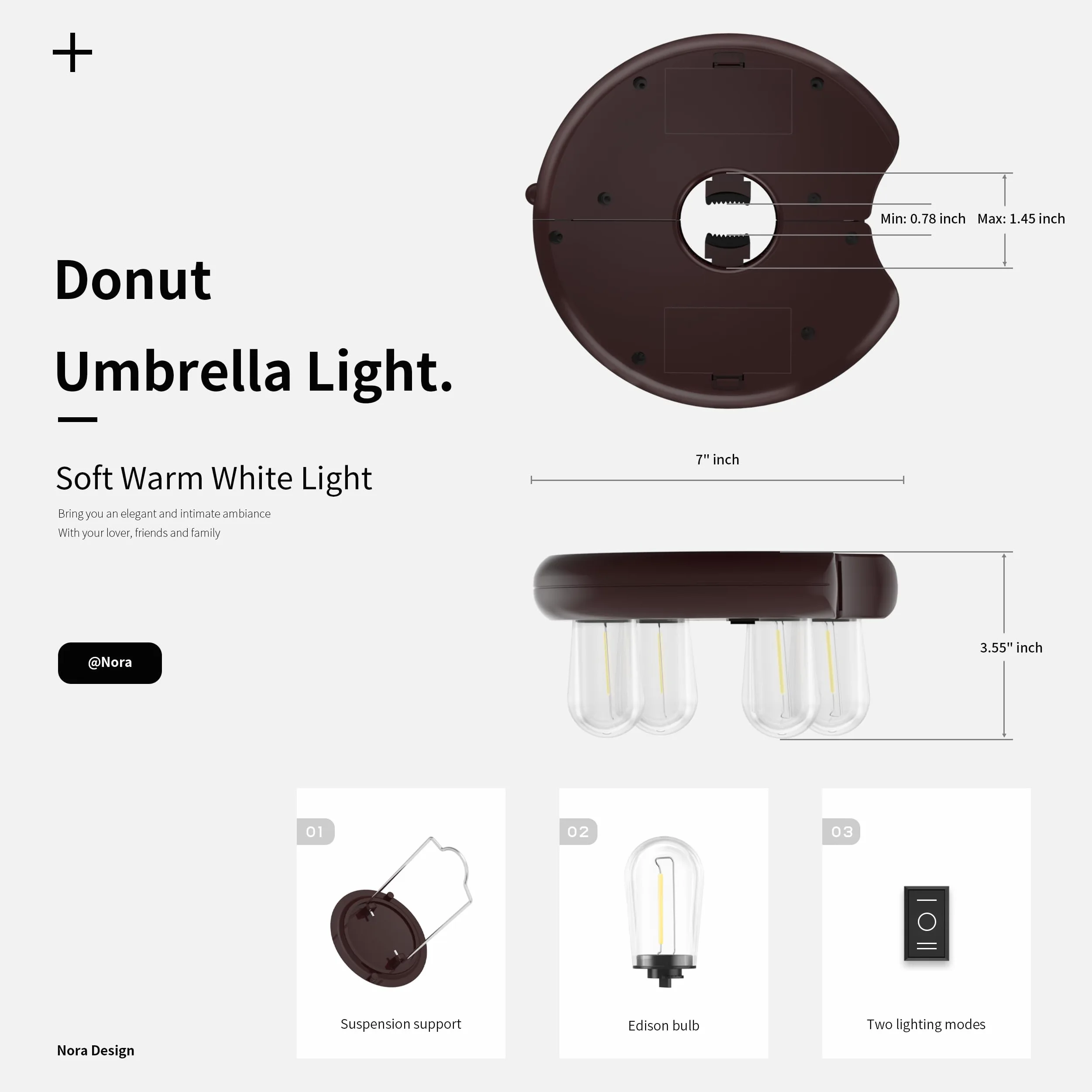 Luce per ombrellone da patio con lampadine LED Edison, funzionamento a batteria, senza fili, con 2 modalità di illuminazione per giardino, patio, cortile, campeggio o barbecue, marrone
