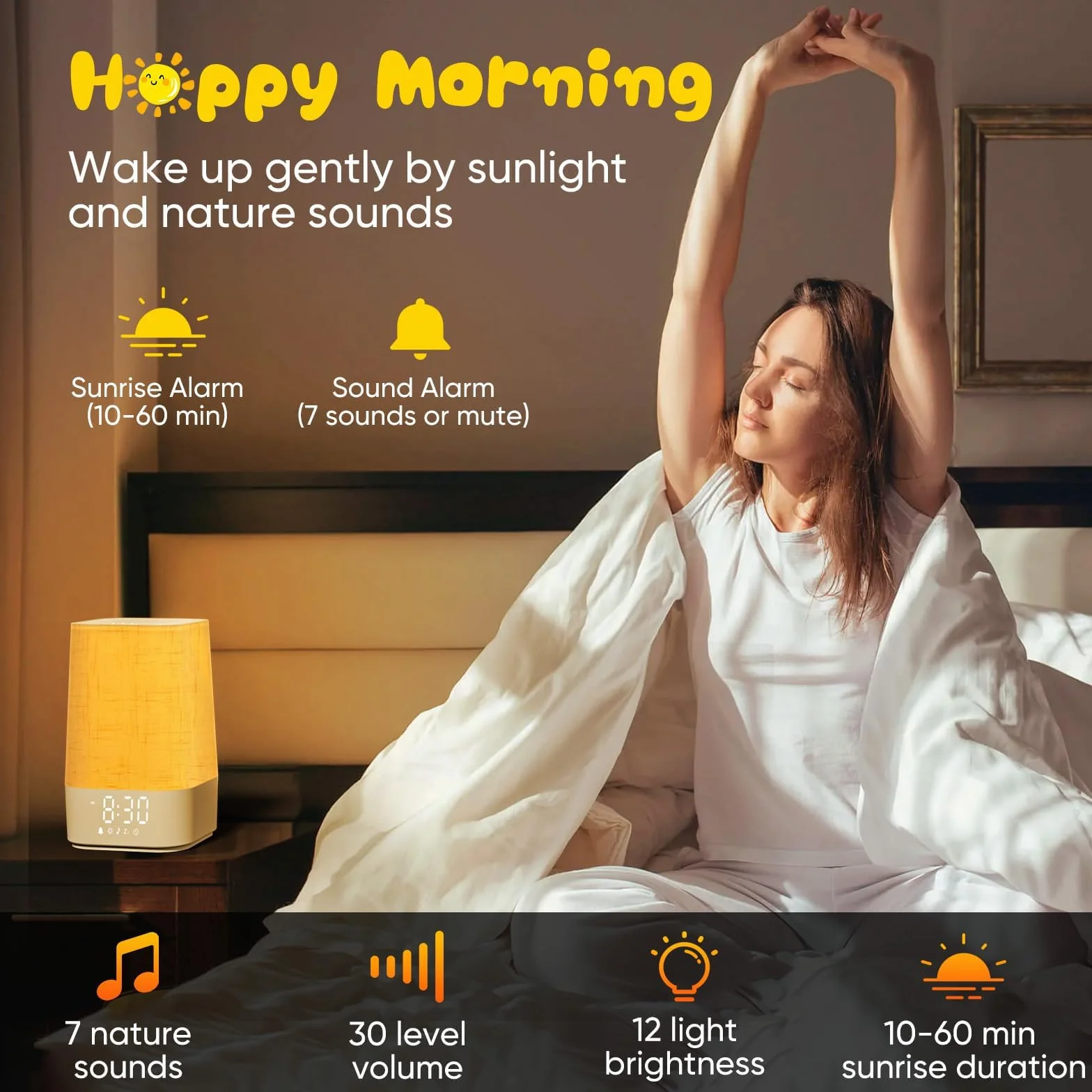 Sveglia con 30 suoni naturali, luce alba, lampada da comodino, dimmabile, ricaricabile, timer, regalo per mamma e papà