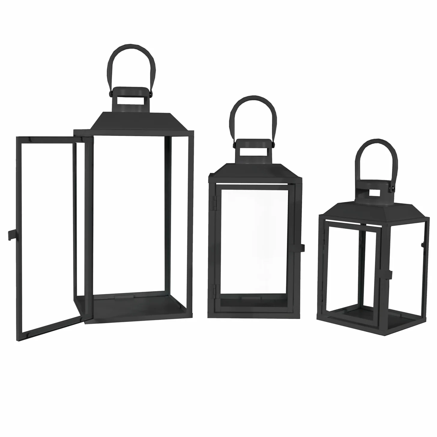 Set di 3 lanterne da giardino, lanterne in metallo, per esterni, in metallo, colore nero, altezza 24/33/41 cm
