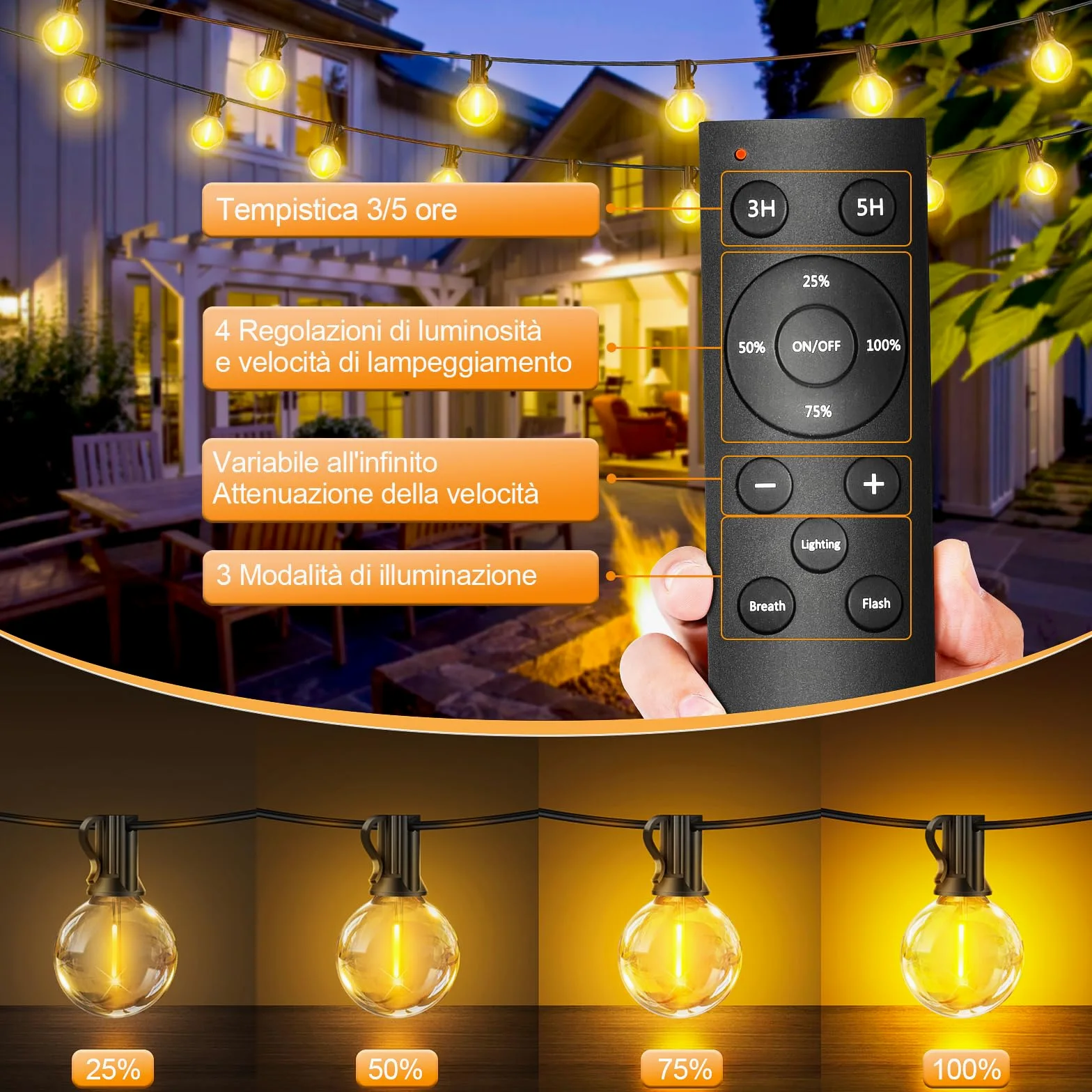 Catena Luminosa Esterno Luci Giardino - 60M G40 Led 60+2 Lampadine Esterno Filo Luce Calda Impermeabili con Telecomando Luci Per Gazebo da Esterno Decorative Campeggio Matrimonio per Balcone Terrazzo