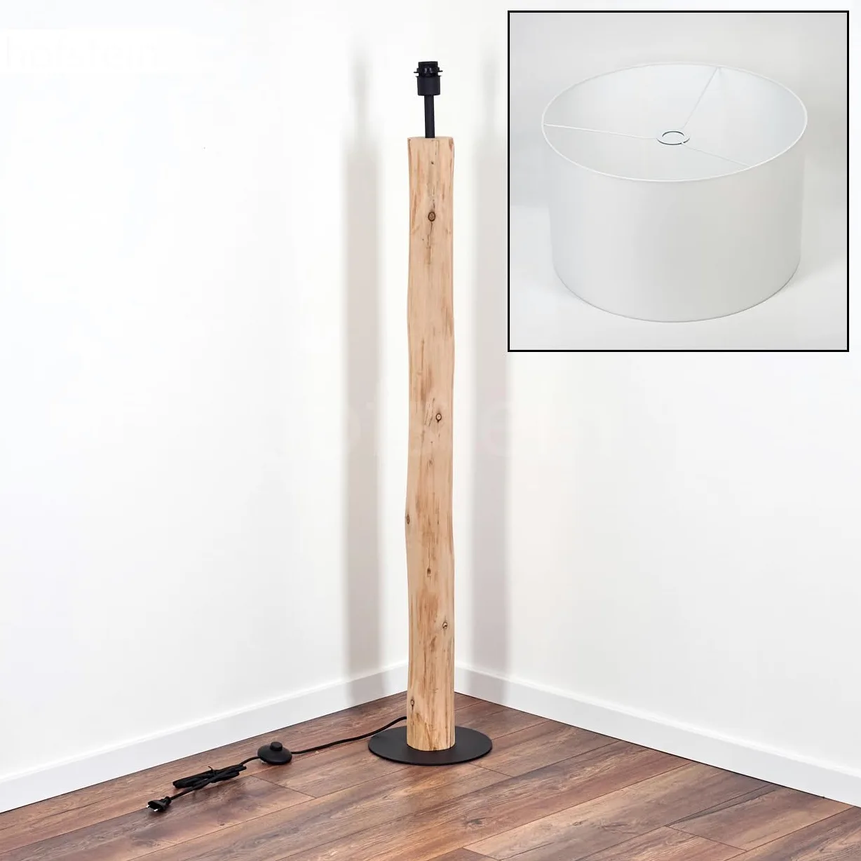 Lampada da terra Flemming, lampada da terra in legno/metallo/tessuto colori naturale/nero/bianco, design scandinavo con paralume rotondo (Ø 50 cm) e interruttore a pedale, E27, senza lampadina