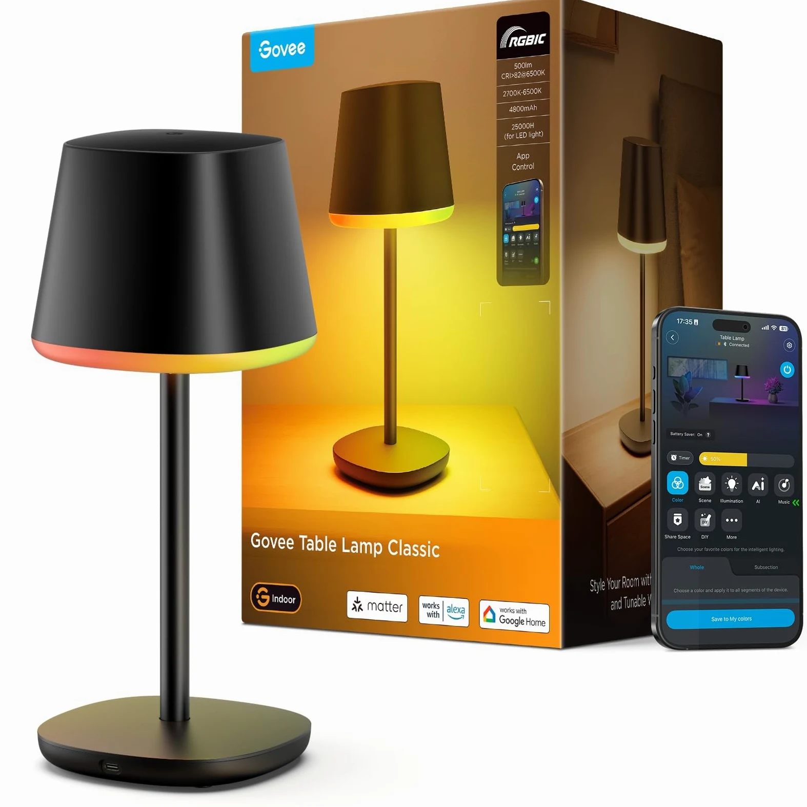Govee Lampada da Tavolo senza Fili, RGBICWW Lampada da Comodino LED Compatibile con Mattel Alexa, Dimmerabile 500lm e Ricaricabile 4800mAh, 72 Scene, 2700-6500K per Soggiorno Camera da Letto Scrivania
