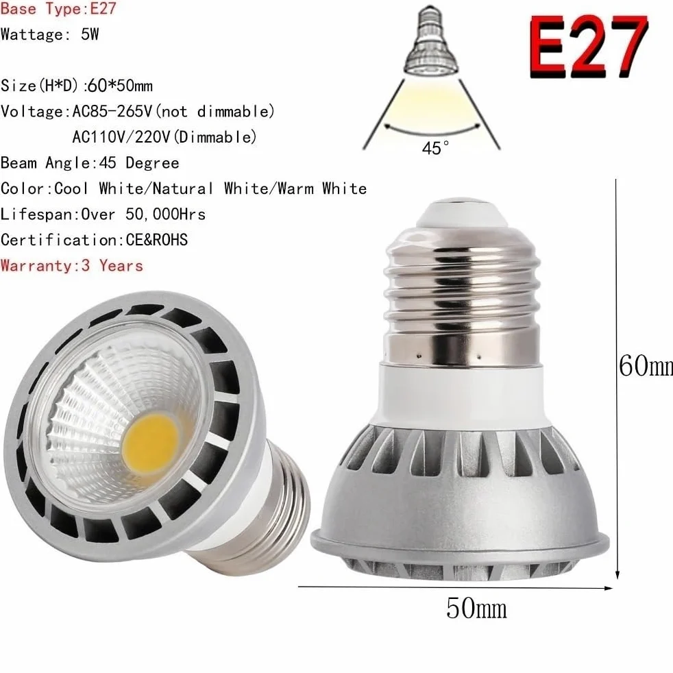 Luci, Confezione da 5, faretti LED COB AC85-265V 5W E27/E26/GU10/MR16, lampadine COB, lampadine per Uso Domestico