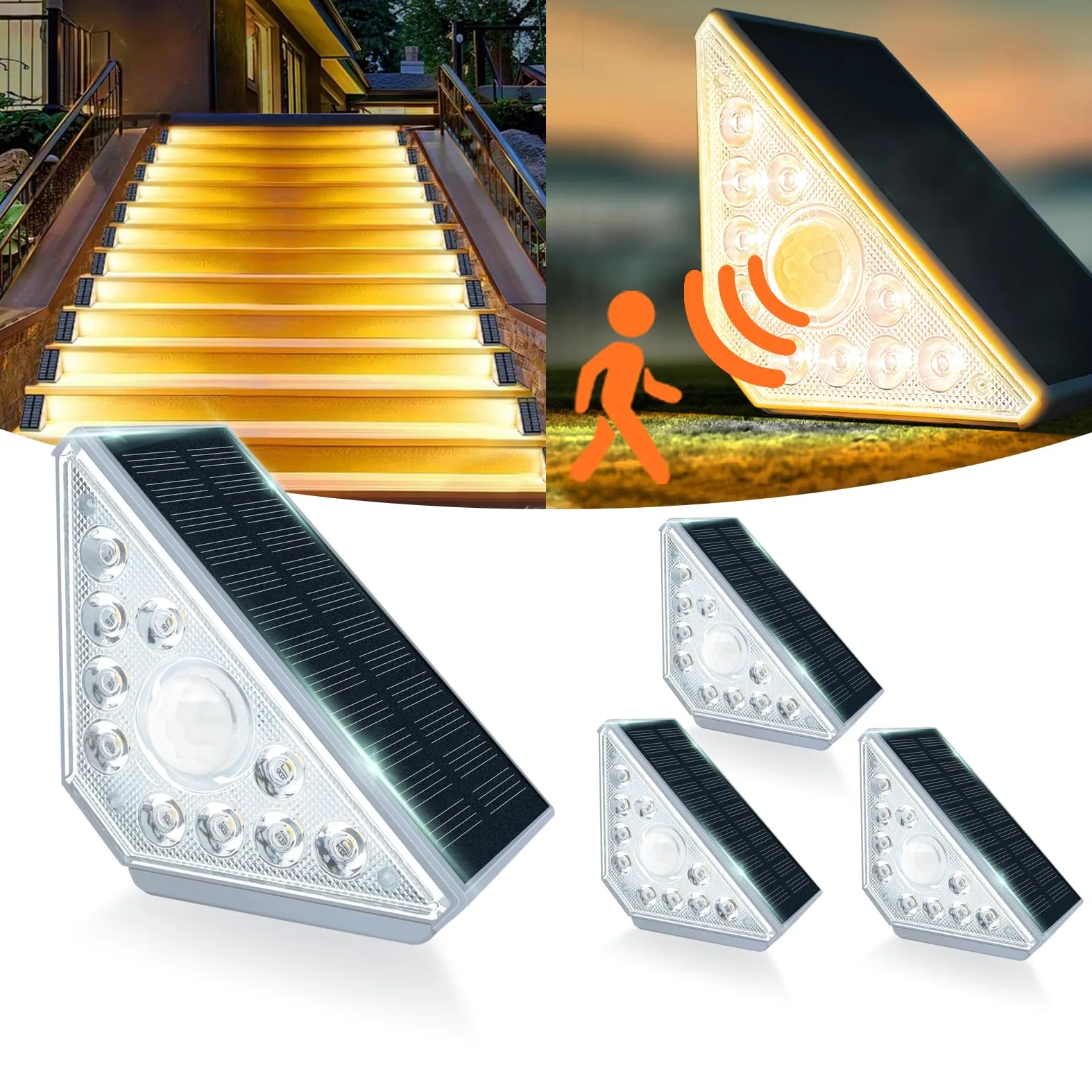 4 luci solari per scale esterne con sensore di movimento, luce bianca calda, illuminazione solare per scale, impermeabilità IP44, 800 mAh, per giardino, scale, patio, porta d'ingresso