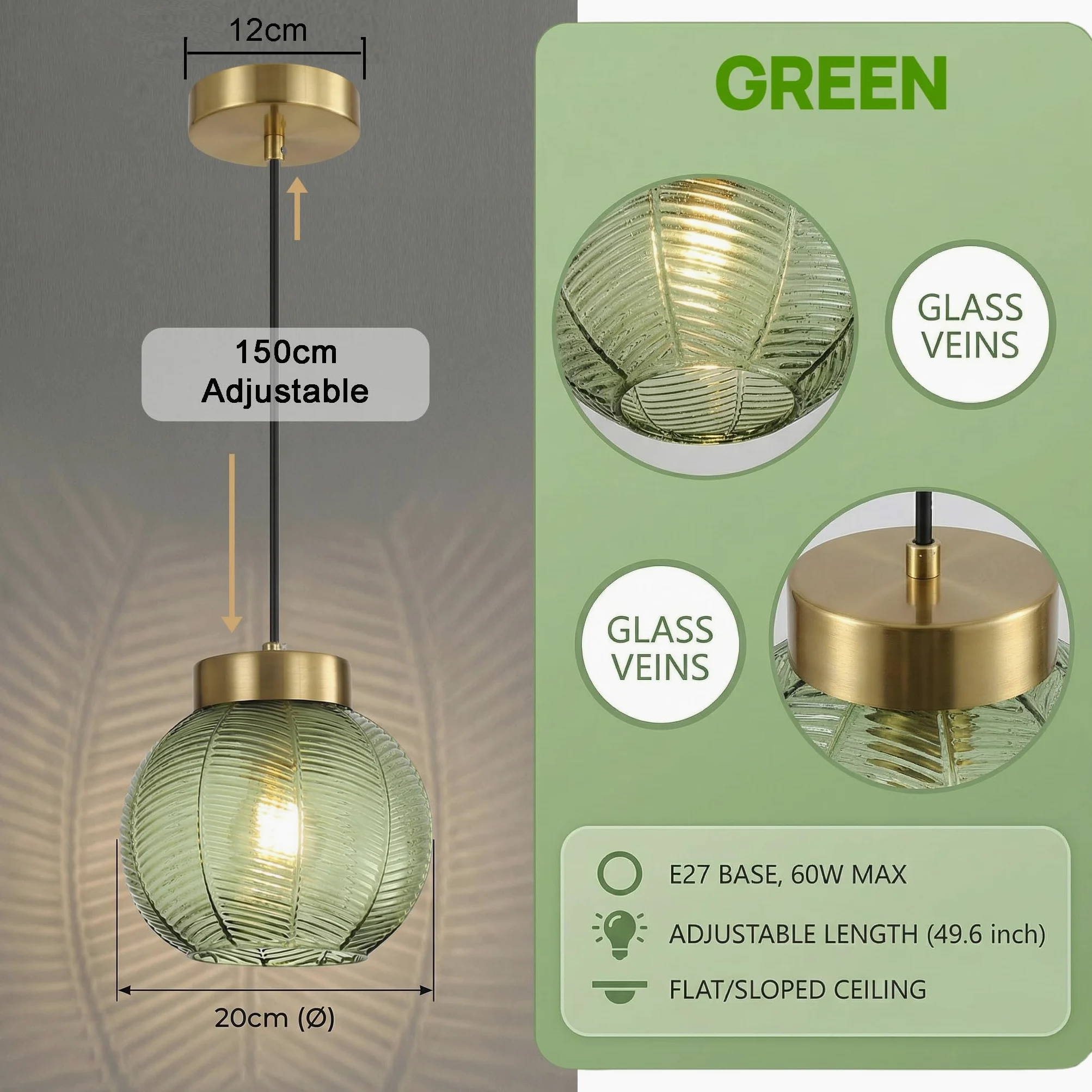 Lampada a Sospensione Vintage,Sfere in Vetro con Venature Fogliari, Metallo Oro E27 Lampadario Sospeso da Soffitto per Camera da letto, Sala da pranzo, Loft e Ristoranti (Verde, 20cm)