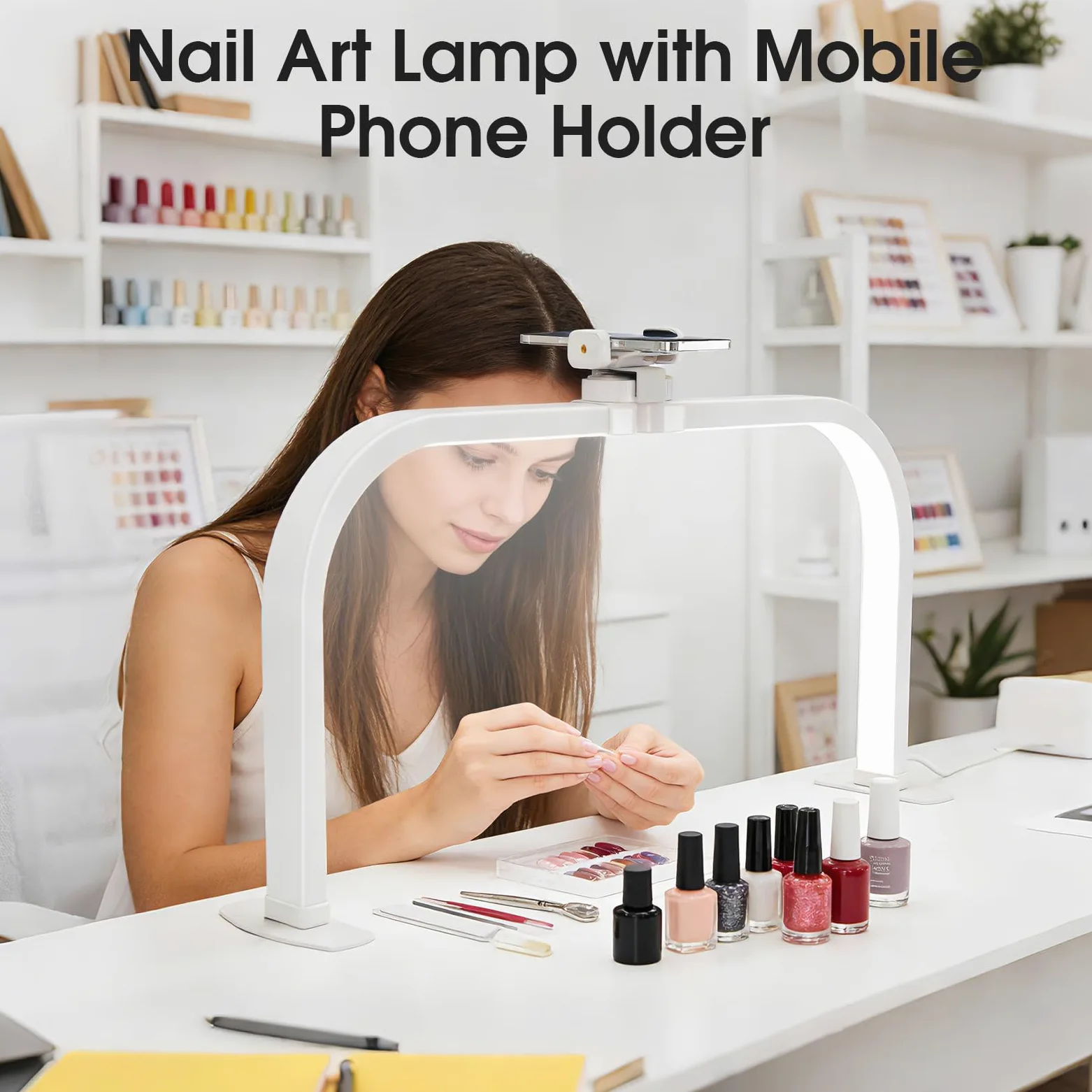 Lampada Mezza Luna Estetica, 72CM 40W Lampada Estetista da Tavolo per Unghie, Lampada Extension Ciglia con Porta Cellulare, Half Moon Light con 3 Modalità 10 Luminosità per Tatuaggi Manicure- Bianco