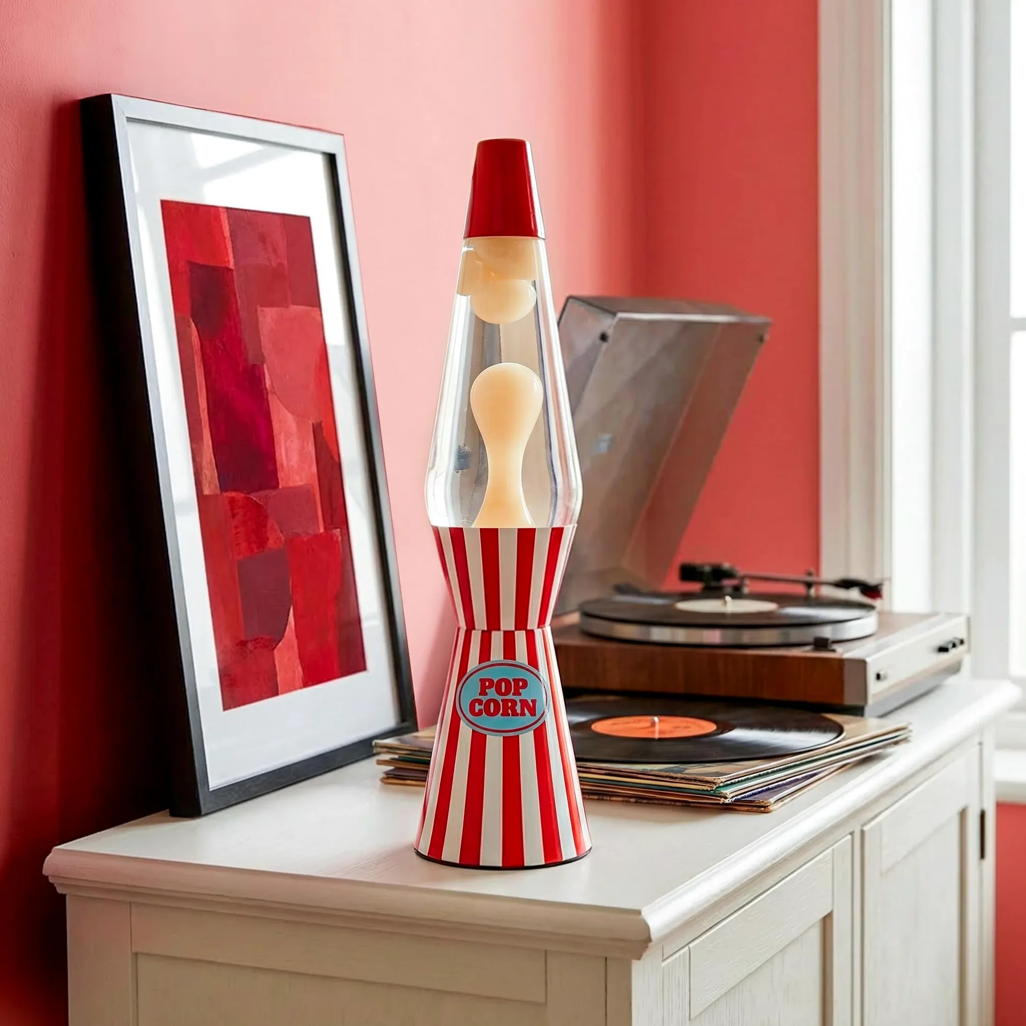 Fisura – Lampe à lave décorative “Pop corn”. Lampe relaxante au design original pour maison ou bureau, base à rayures et lave blanche, ampoule de rechange incluse, 11 x 11 x 40 cm