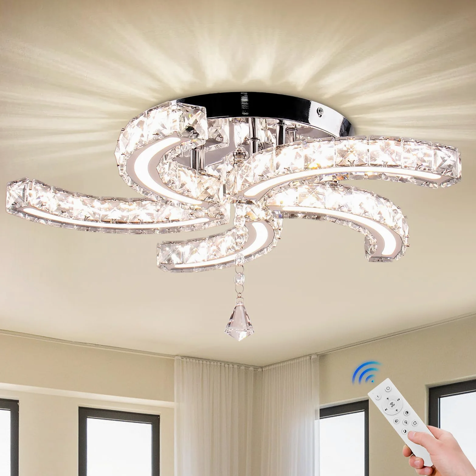 19,7” Lampadari di cristallo dimmerabili Moderna plafoniera di cristallo Acrilico 5 bracci Led Lampada da soffitto a incasso per sala da pranzo Soggiorno Camera da letto corridoio