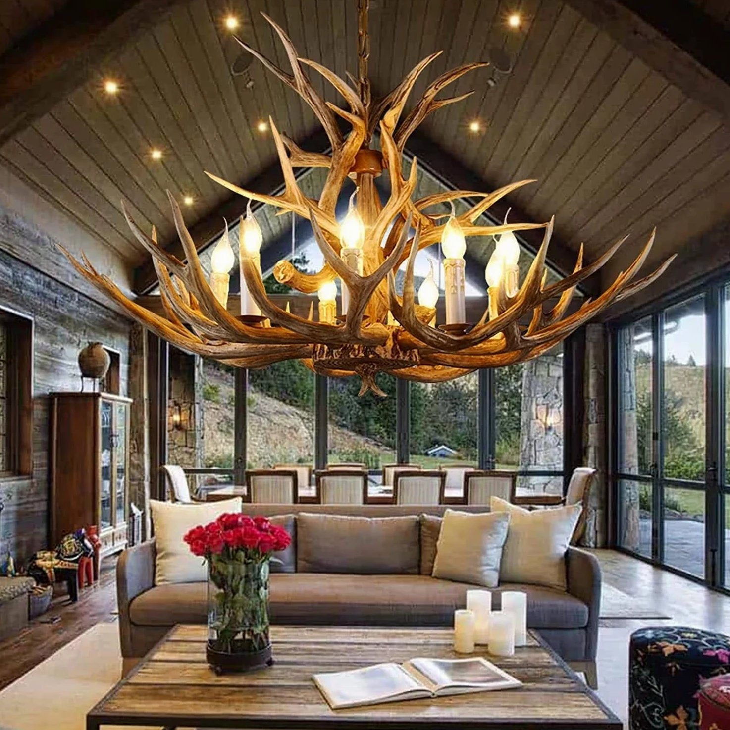 KLUFO Lampadario in resina di corna di cervo, lampadario di corna di cervo, lampadario di corna retrò a 8 luci E12 per camera da letto, soggiorno, bar, caffè.