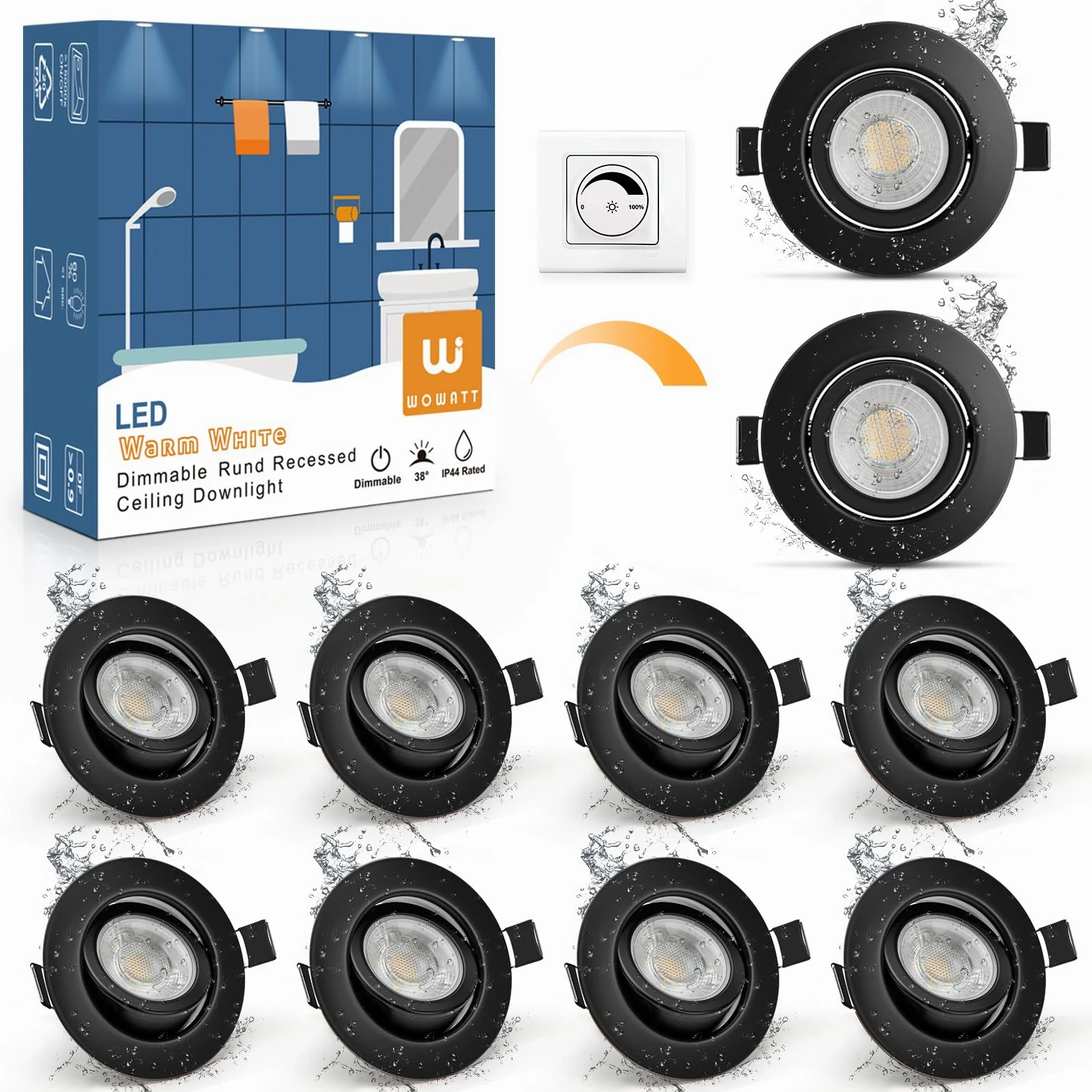 wowatt 10x Faretti Led da Incasso per Cartongesso Nero 5.5W Dimmerabili | 2800K Luce Calda 600LM Luci da Soffitto Interno IP44, Metallo Faretto led incasso Ultrasottili, Faretti Foro 68mm para Bagno