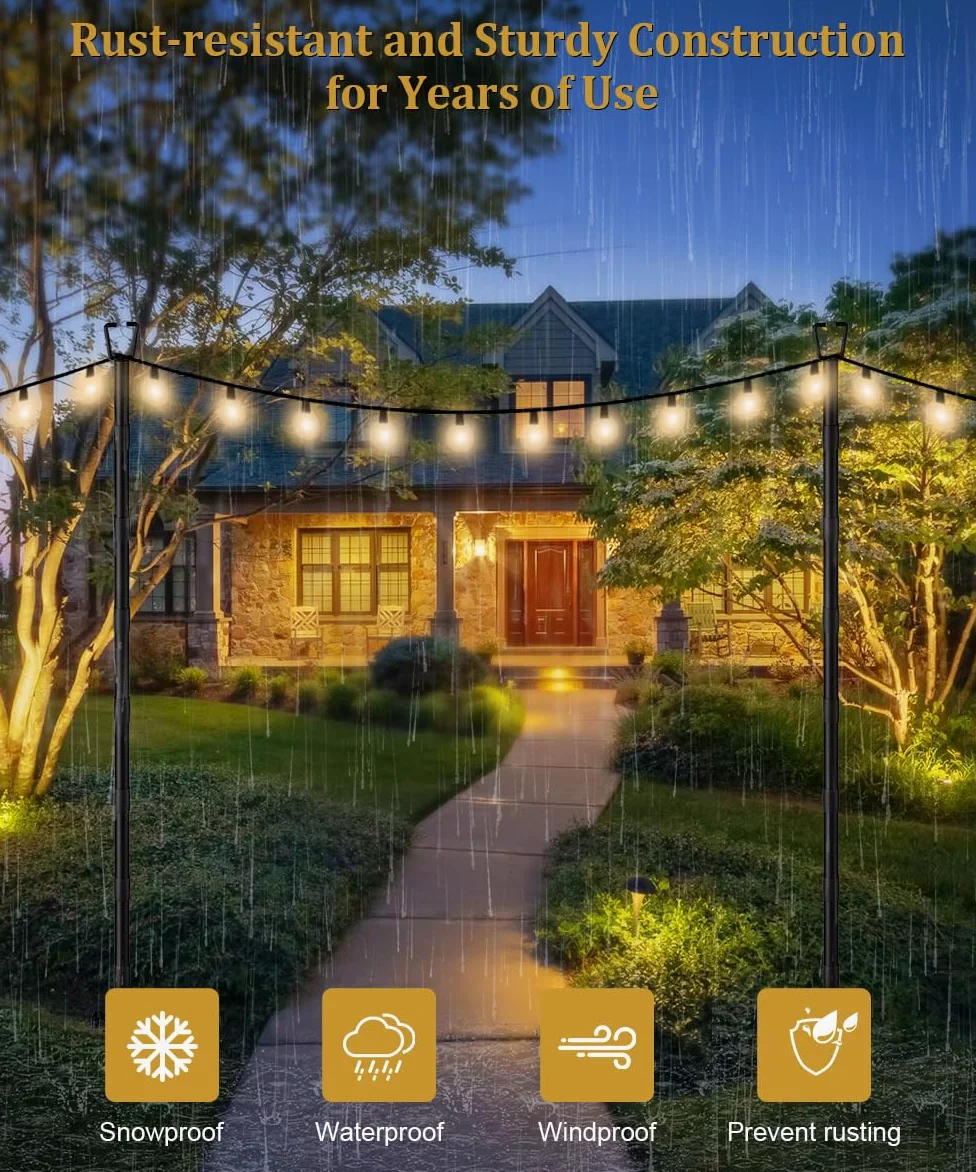 Confezione da 2 pali luminosi da 3 m per decorazione esterna, robusto palo luminoso con forchetta, pali in metallo regolabili per patio esterno, cortile, terrazza, giardino, feste, matrimoni