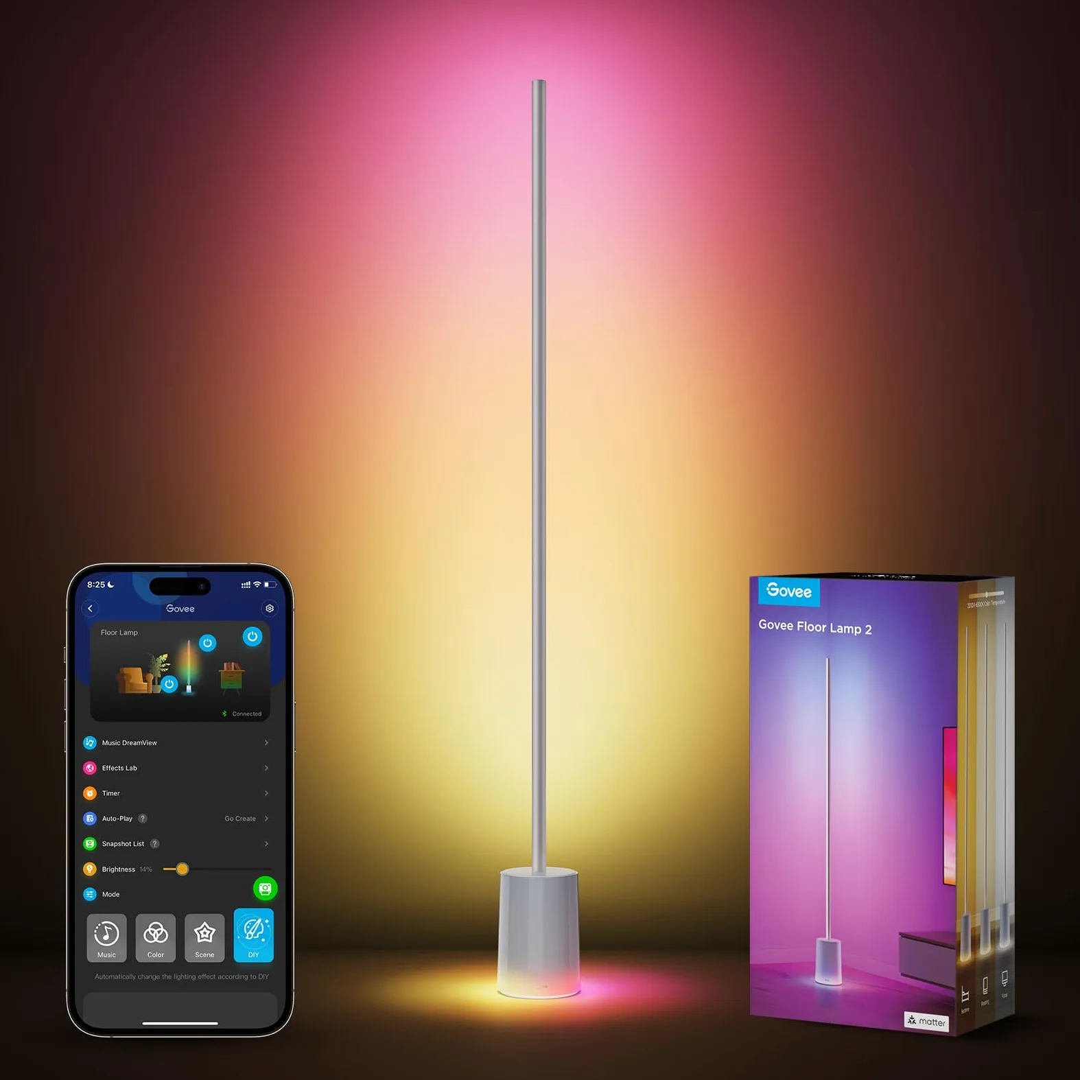 Govee Lampada da Terra RGBIC, Luci LED Compatibile con Alexa e Matter, 152cm Luci Dimmerabile con Telecomando e APP, Sinc Musica, 82 Modalità Scena, Lamp Comodino, Camera da Letto e Salotto, Grigio