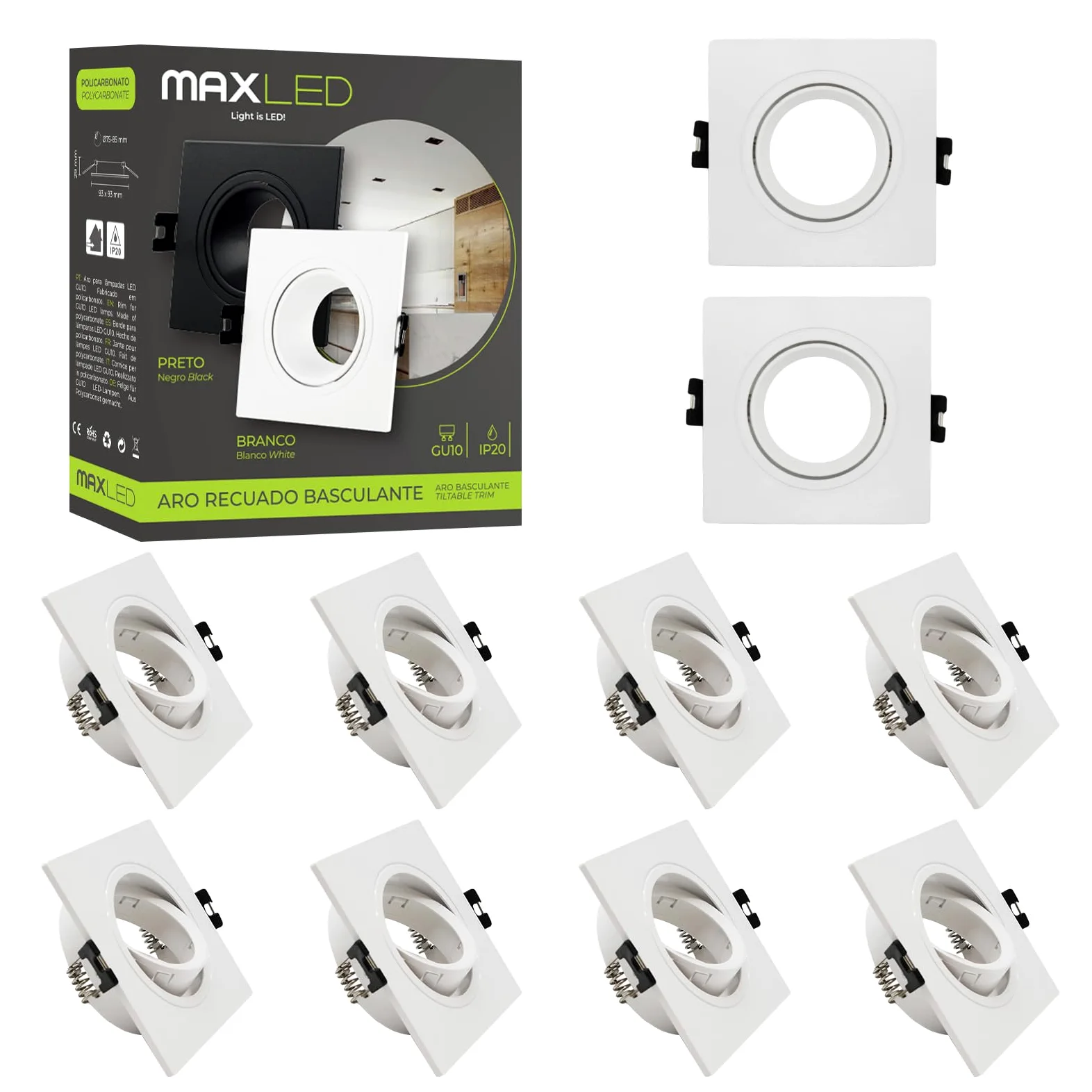 10 Pezzi Cornice Faretto Incasso GU10 Orientabile Portafaretto Incasso Bianco Alogeno Faretti Foro Ø75mm Quadrato Bianco Dimensioni: 93mm x 93mm x 25mm
