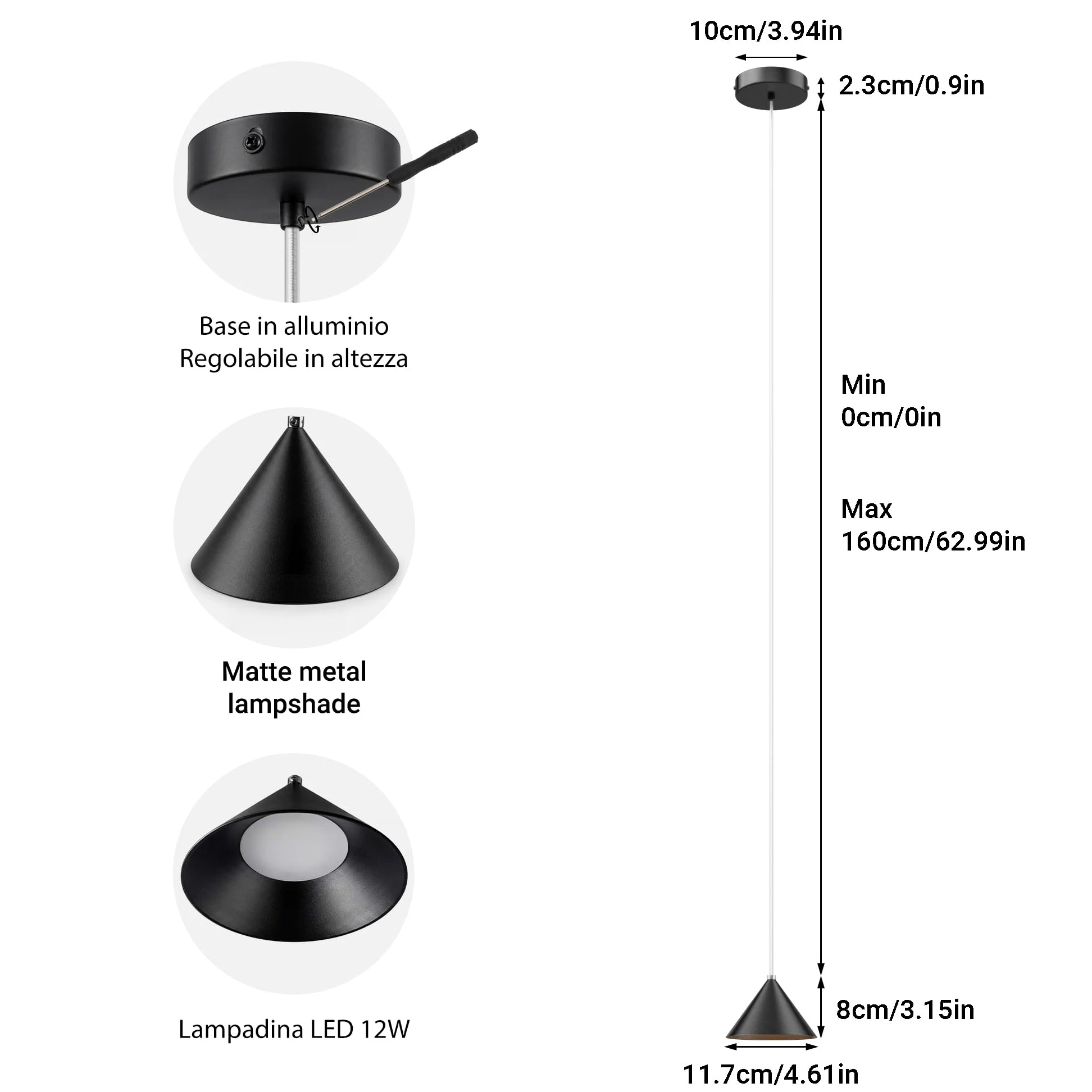 3 Pezzi Lampada a sospensione LED Moderne 12W 800LM, Regolabile In Altezza lampada a sospensione moderna Nero, Alluminio Per Soggiorno Sala Da Pranzo Kitchen Comodino Camera da Letto(3000K)