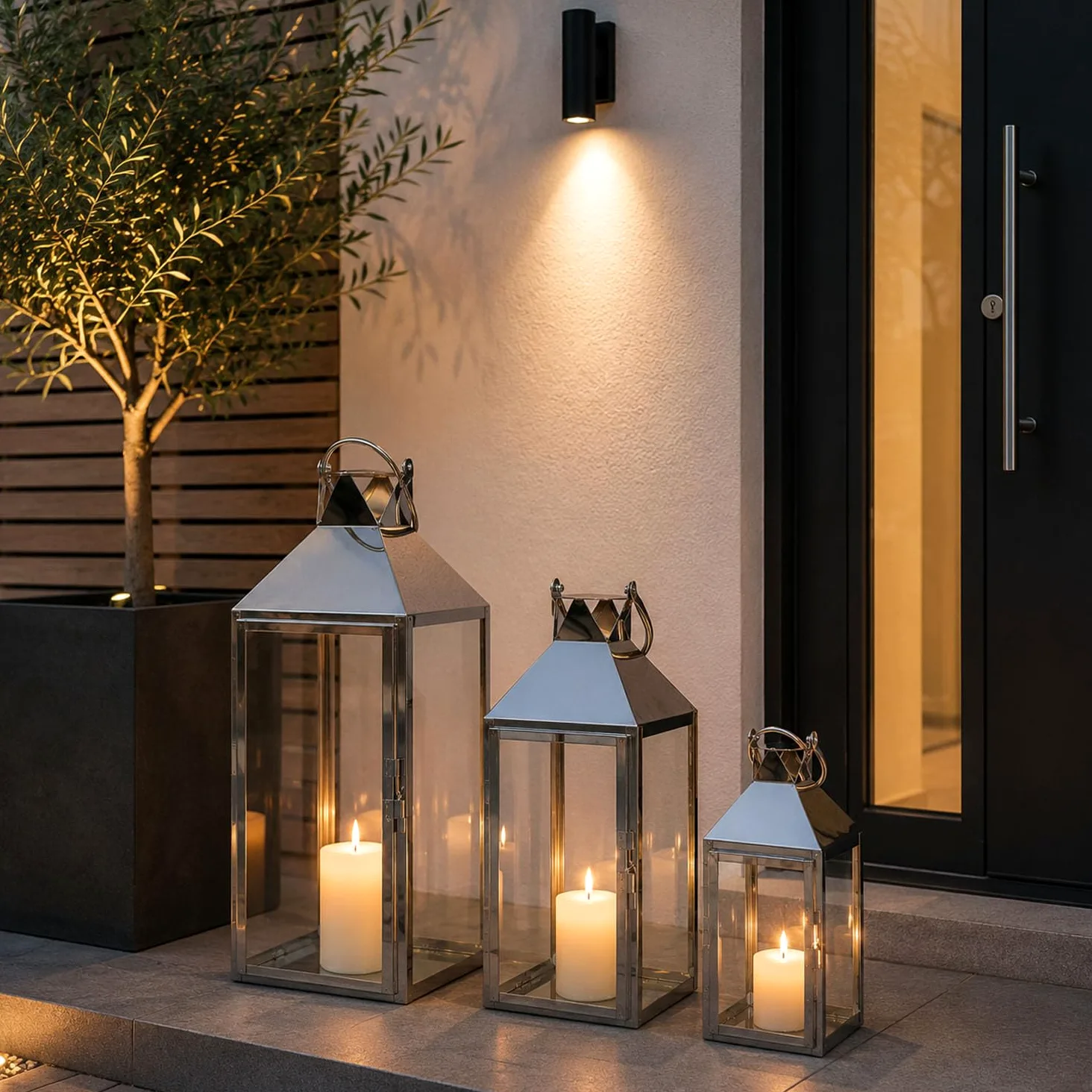 Mojawo Splendido set di 3 lanterne da giardino XXL di lusso, in acciaio inox, altezza 24/40/53 cm