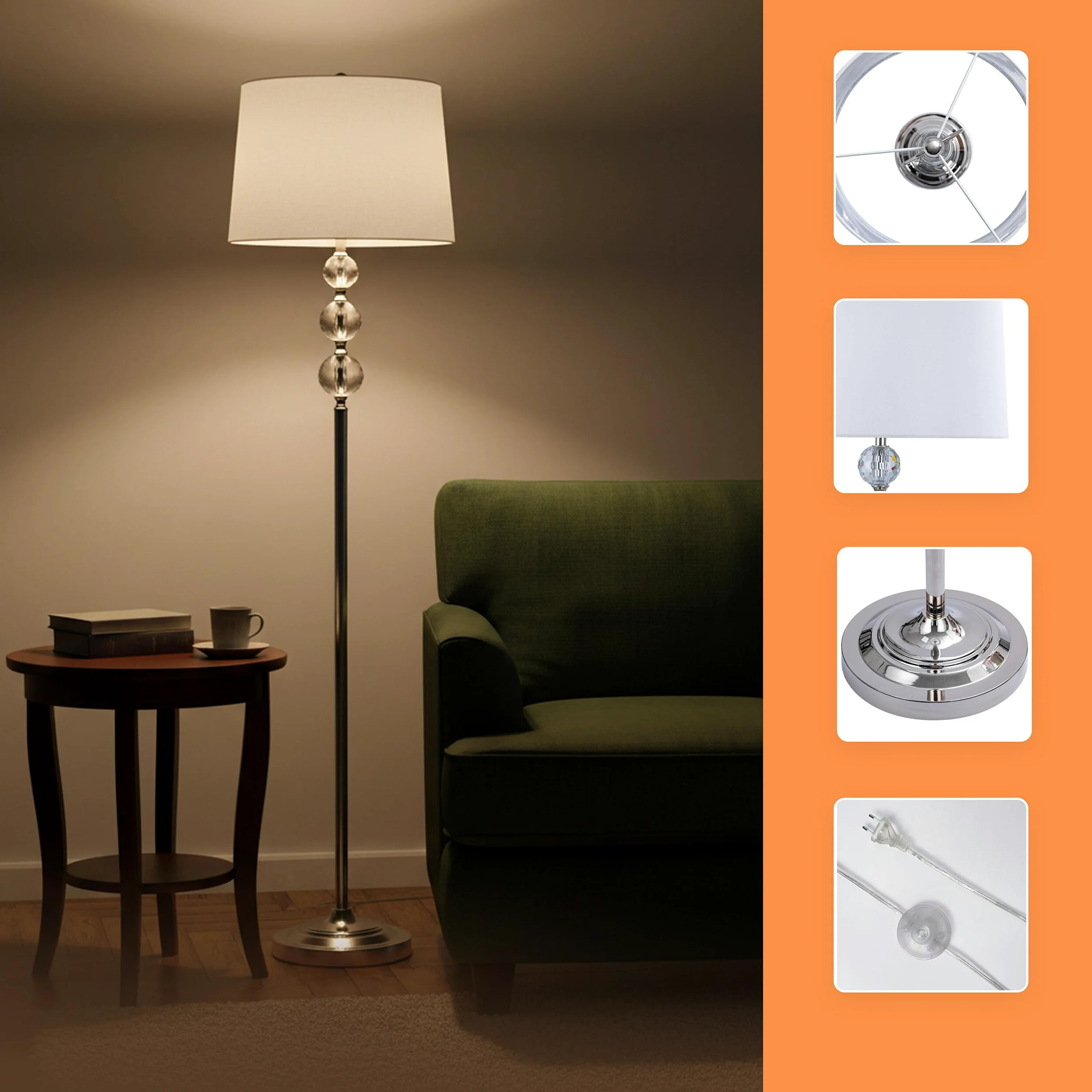 Relaxdays Lampada da Terra, Paralume in Tessuto, Metallo, E27, 155x35,5 cm, Effetto Cristallo