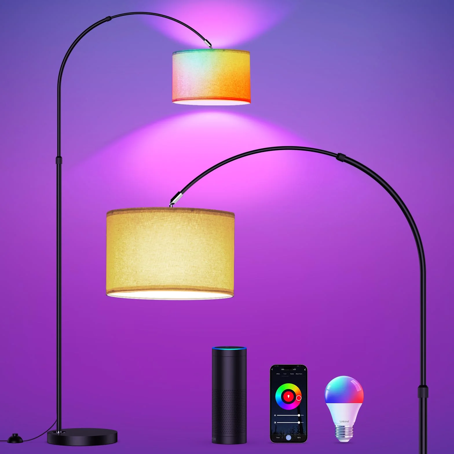 Modlicht Lampada da terra intelligente, funziona con Alexa e Google Home, lampada da terra RGB dimmerabile, per feste o atmosfera festiva, lampada ad arco WiFi E27 9W per soggiorno, camera da letto