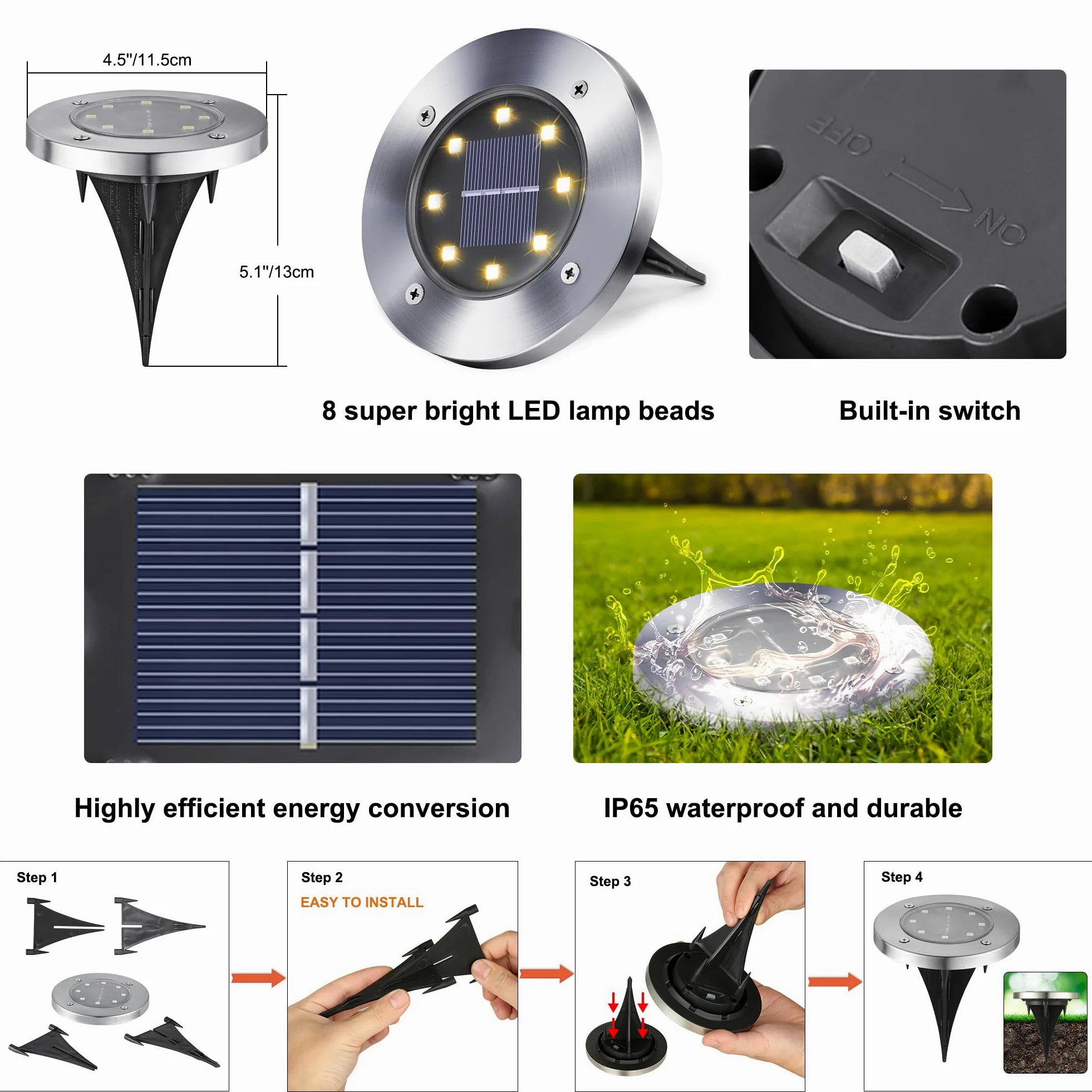 Qedertek 8 Pezzi Luci Solari Giardino Esterno, 8 LEDs Faretti led Luce Sepolta Bianco Caldo Lampada IP65 Impermeabile Luci Terra per Prato Vialetto Scala Paesaggio