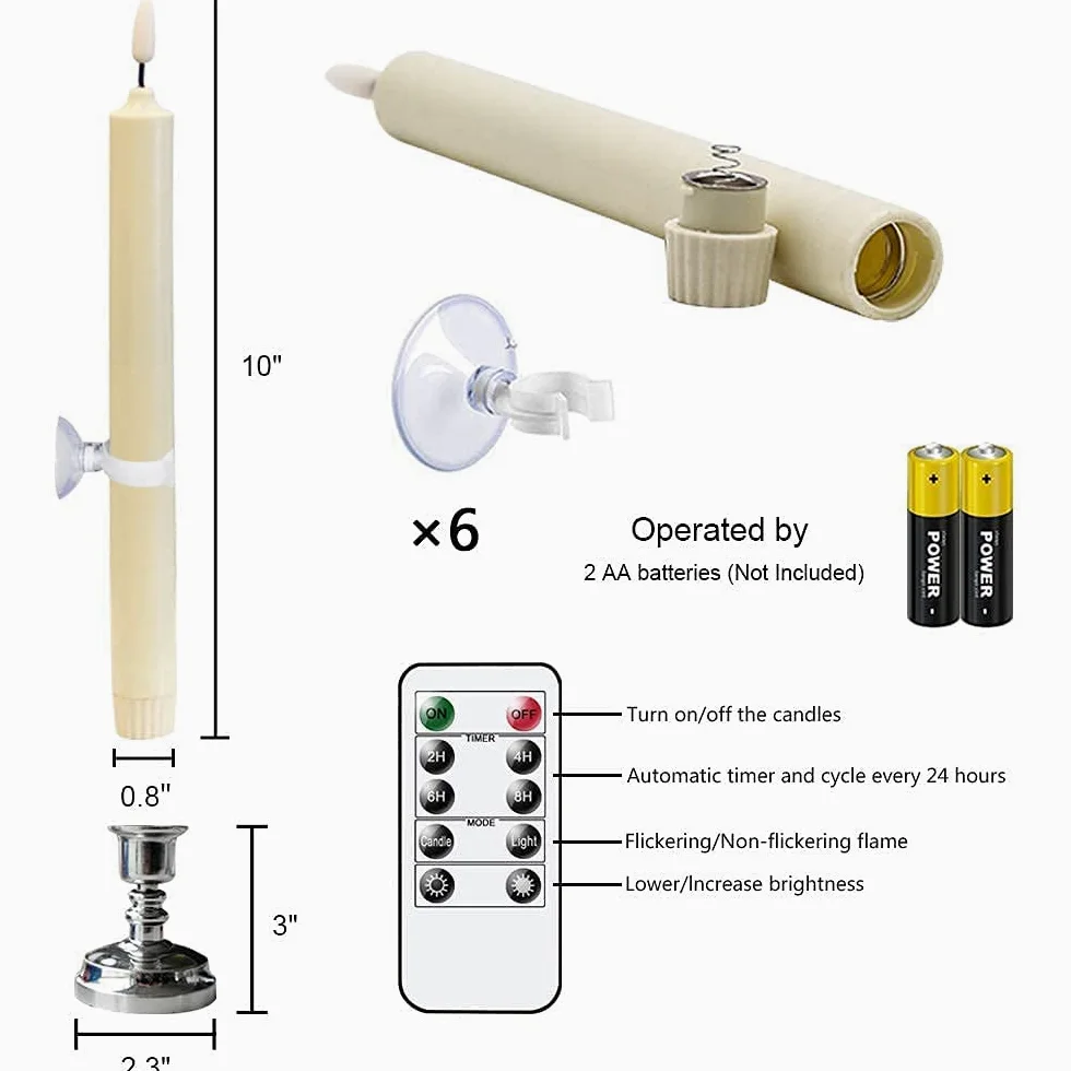 Wondy. Candele da finestra a distanza senza fiamma con timer e ventose, con stoppino 3D a batteria a LED tremolanti tremolanti in vera cera calda decorazione natalizia set di 6 (supporti argentati)